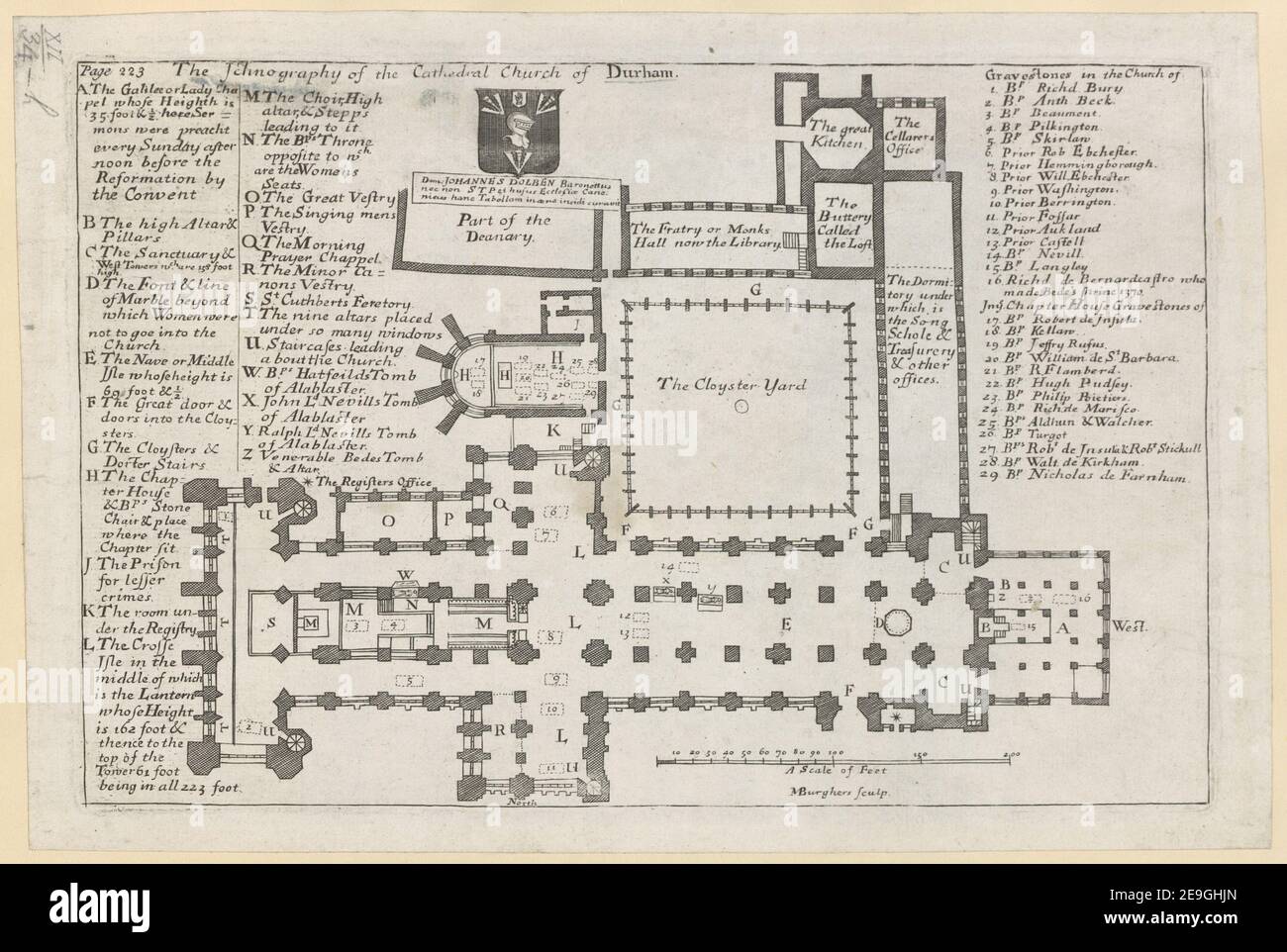 Die Ichnographie der Kathedrale Kirche von Durham. Autor Burghers, Michael 12,34.h. Erscheinungsort: [London] Verlag: [J. Overton] Erscheinungsdatum: [1672] Objekttyp: 1 Karte Medium: Kupferstich Maße: 17,9 x 27,0 cm ehemaliger Besitzer: George III., König von Großbritannien, 1738-1820 Stockfoto