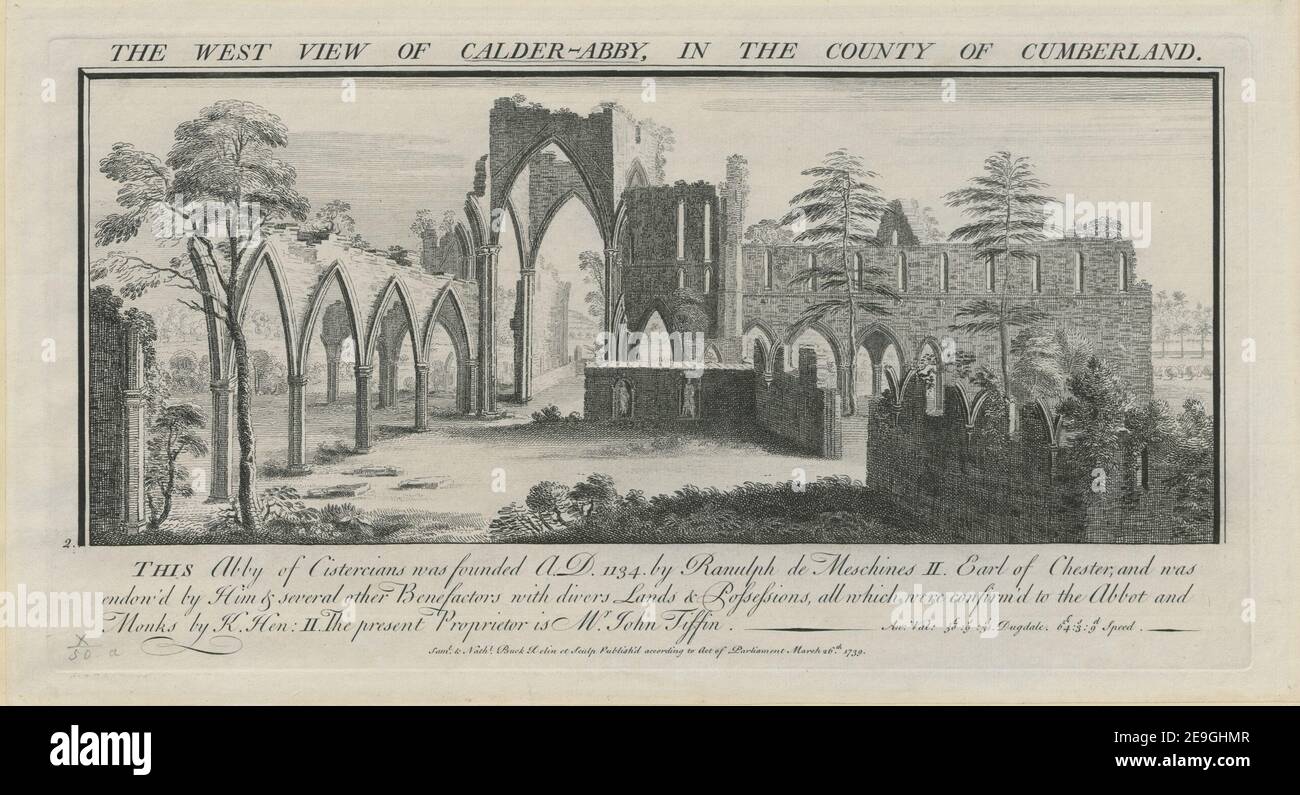 DIE WESTANSICHT VON CALDER ABBY, IN DER GRAFSCHAFT CUMBERLAND. Autor Buck, Samuel 10,50.a. Ort der Veröffentlichung: [London] Verlag: Veröffentlichung gemäß Gesetz des Parlaments Erscheinungsdatum: März 26th. 1739. Objekttyp: 1 Druckmedium: Radierung Maße: Plattenmark 19,4 x 36,8 cm, auf Blatt 21,8 x 40,0 cm. Ehemaliger Besitzer: George III., König von Großbritannien, 1738-1820 Stockfoto