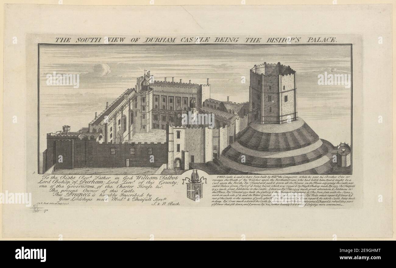 Die Südansicht von Durham Castle als Bischofspalast. Autor Buck, Samuel 12,34.r. Erscheinungsort: [London] Verlag: [S , N Buck] Erscheinungsdatum: [1728] Objekttyp: 1 Druckmedium: Radierung und Gravur Maße: Platemark 19,1 x 37,0 cm. Ehemaliger Besitzer: George III., König von Großbritannien, 1738-1820 Stockfoto