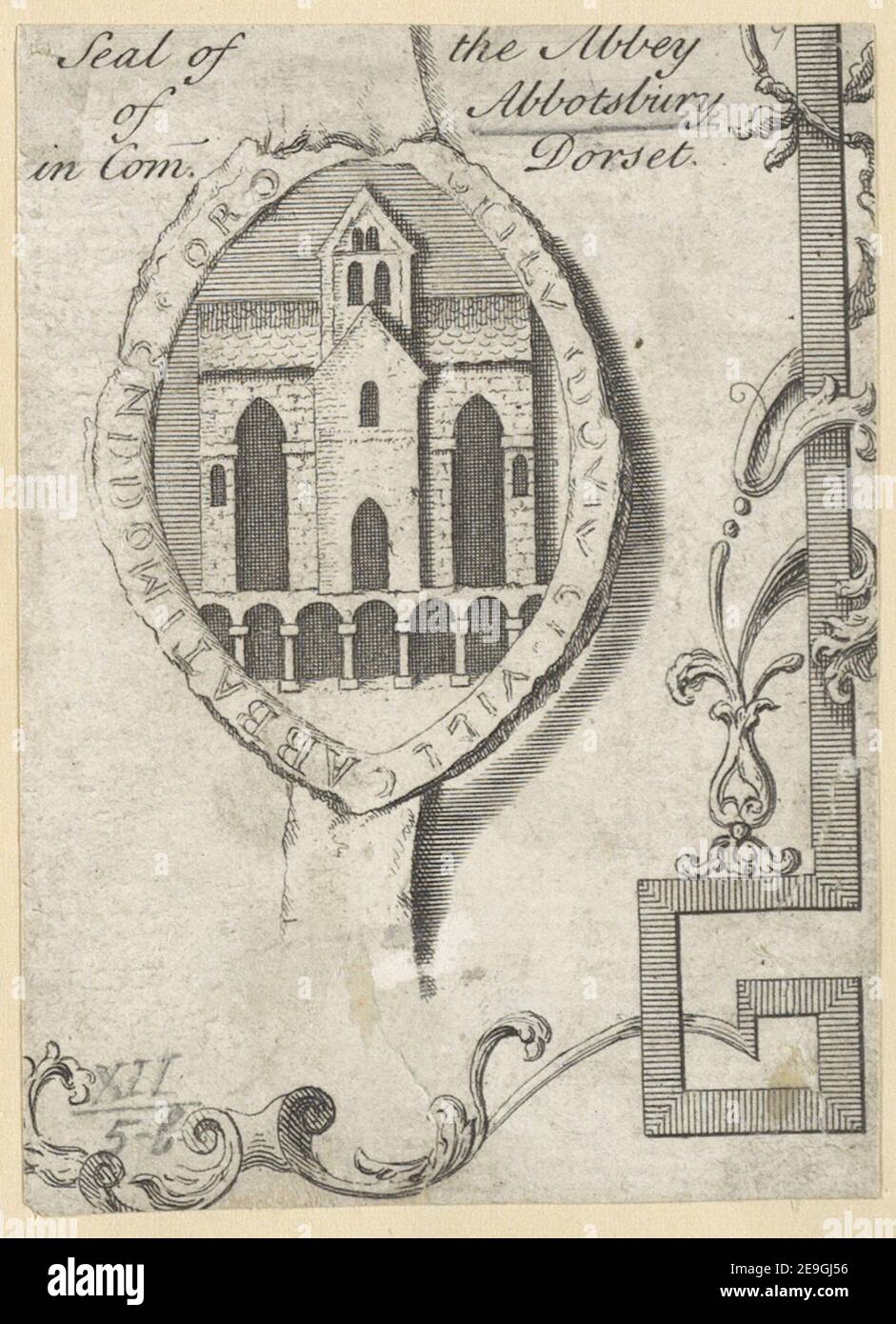 Siegel der Abtei von Abbotsbury in Com. Dorset. Visual Material information: Titel: Siegel der Abtei von Abbotsbury in Com. Dorset. 12,5 B. Erscheinungsort: [England] Verlag: [Verlag nicht identifiziert] Erscheinungsdatum: [Ca. 1740-1780] Objekttyp: 1 Print Medium: Radierung Abmessungen: Blatt 10,1 x 7,5 cm. Ehemaliger Besitzer: George III., König von Großbritannien, 1738-1820 Stockfoto