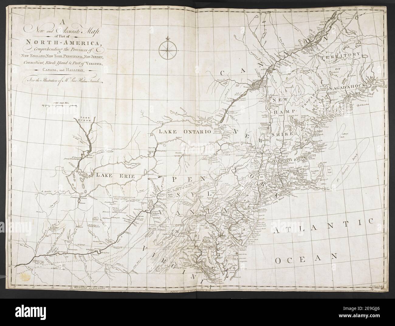 A New and Accurate Map of part of NORTH AMERICA, comprehensing the Provinces of NEW ENGLAND, NEW YORK, PENSILVANIA, NEW JERSEY, Connecticut, Rhode Island & Part of VIRGINIA, CANADA, and HALLIFAX Author Gibson, J. 120,13. Erscheinungsort: [London] Verlag: Veröffentlicht gemäß Gesetz des Parlaments, Erscheinungsdatum: März 7th 1771. Objekttyp: 1 Karte Medium: Kupferstich Maße: 57 x 76 cm ehemaliger Besitzer: George III, König von Großbritannien, 1738-1820 Stockfoto