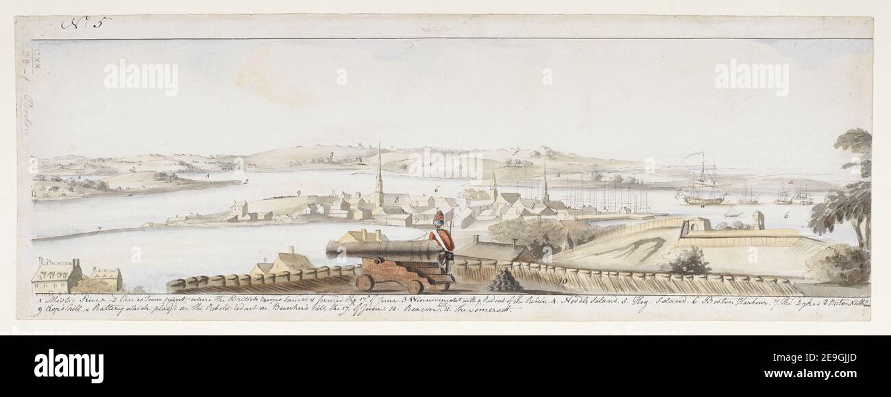 Blick auf das Land rund um Boston von Beacon Hügel genommen. Autor Williams, Richard 120,38.f. Erscheinungsdatum: [1775] Objekttyp: 1 Zeichnung Medium: Tusche und Aquarell Maße: Blatt 16,9 x 47,9 cm Alteigner: George III, King of Great Britain, 1738-1820 Stockfoto