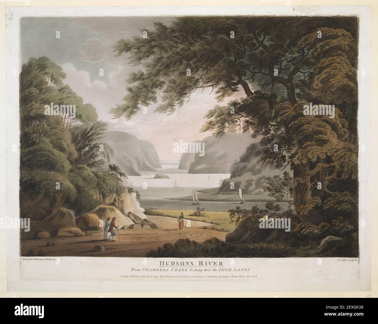 HUDSONS RIVER Autor Jukes, Francis 121,116.d. Erscheinungsort: [London and New York] Verlag: Pub.d Jan. 1.st 1802 von F. Jukes No. 10 Howland Street and by Al. Robertson, Columbian Academy Liberty Street New York, Erscheinungsdatum: [Januar 1 1802] Art der Artikel: 1 Druck Medium: Handkoloriertes Aquatinta, Radierung und Gravur Maße: Platemark 36,7 x 47 cm, auf Blatt 39,6 x 50,4 cm ehemaliger Besitzer: George III., König von Großbritannien, 1738-1820 Stockfoto