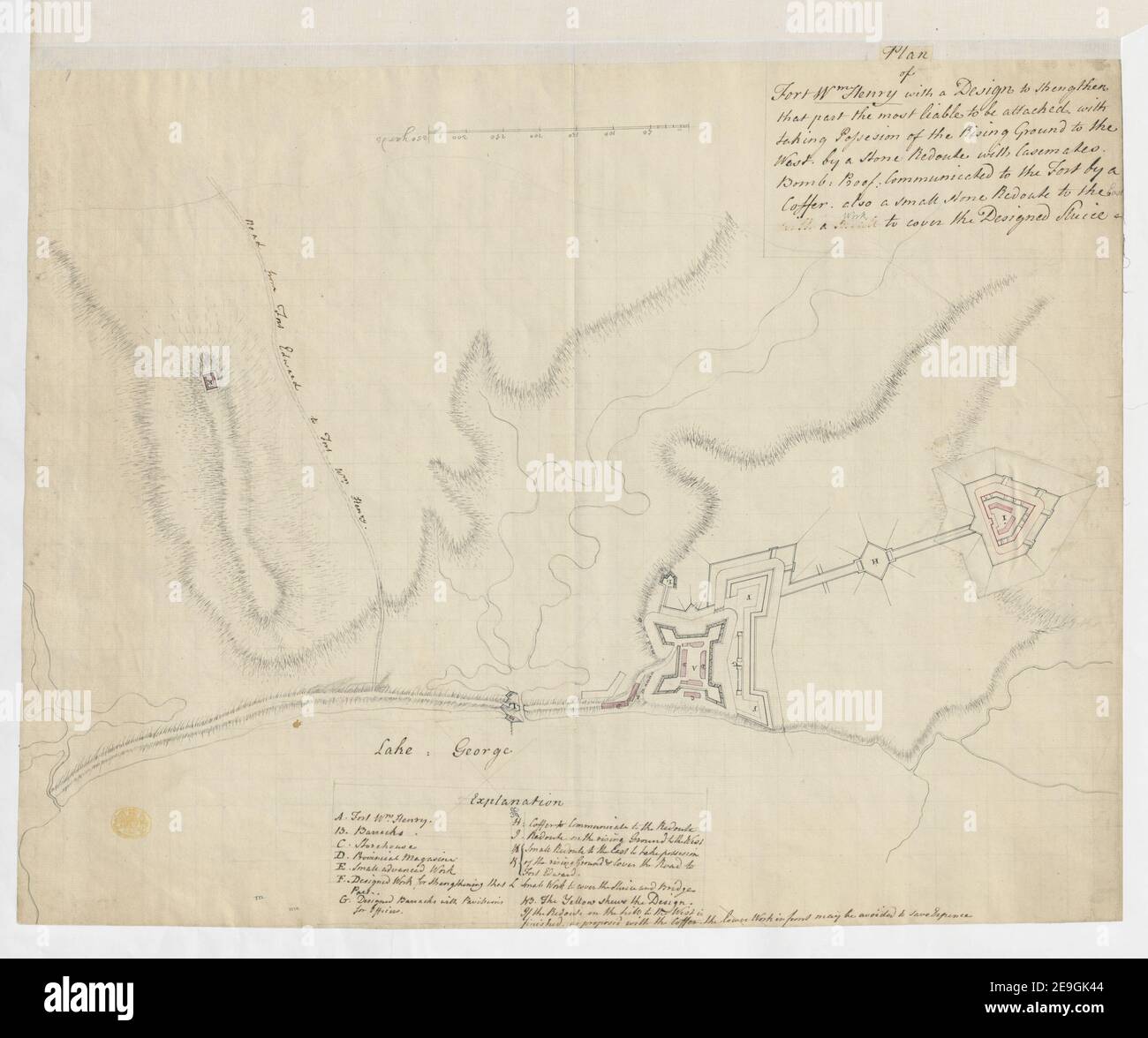 Plan von Fort WM Henry mit einem Entwurf, um diesen Teil zu stärken, der am meisten angegriffen werden kann, indem man den Rising Ground nach Westen von einer Steinredoute mit Casemates Bombe in Besitz nimmt: Beweis: Dem Fort mitgeteilt Karteninformation: Titel: Plan von Fort WM Henry mit einem Entwurf, um diesen Teil zu stärken, der am meisten angegriffen werden kann, indem man den Rising Ground nach Westen von einer Steinredoute mit Kasematten Bombe in Besitz nimmt: Beweis: Kommuniziert mit dem Fort durch eine Kasette. Auch ein kleiner Stein Redoute im Osten mit einem Werk, um die entworfene Sluice zu decken. 121,111. Platz Stockfoto