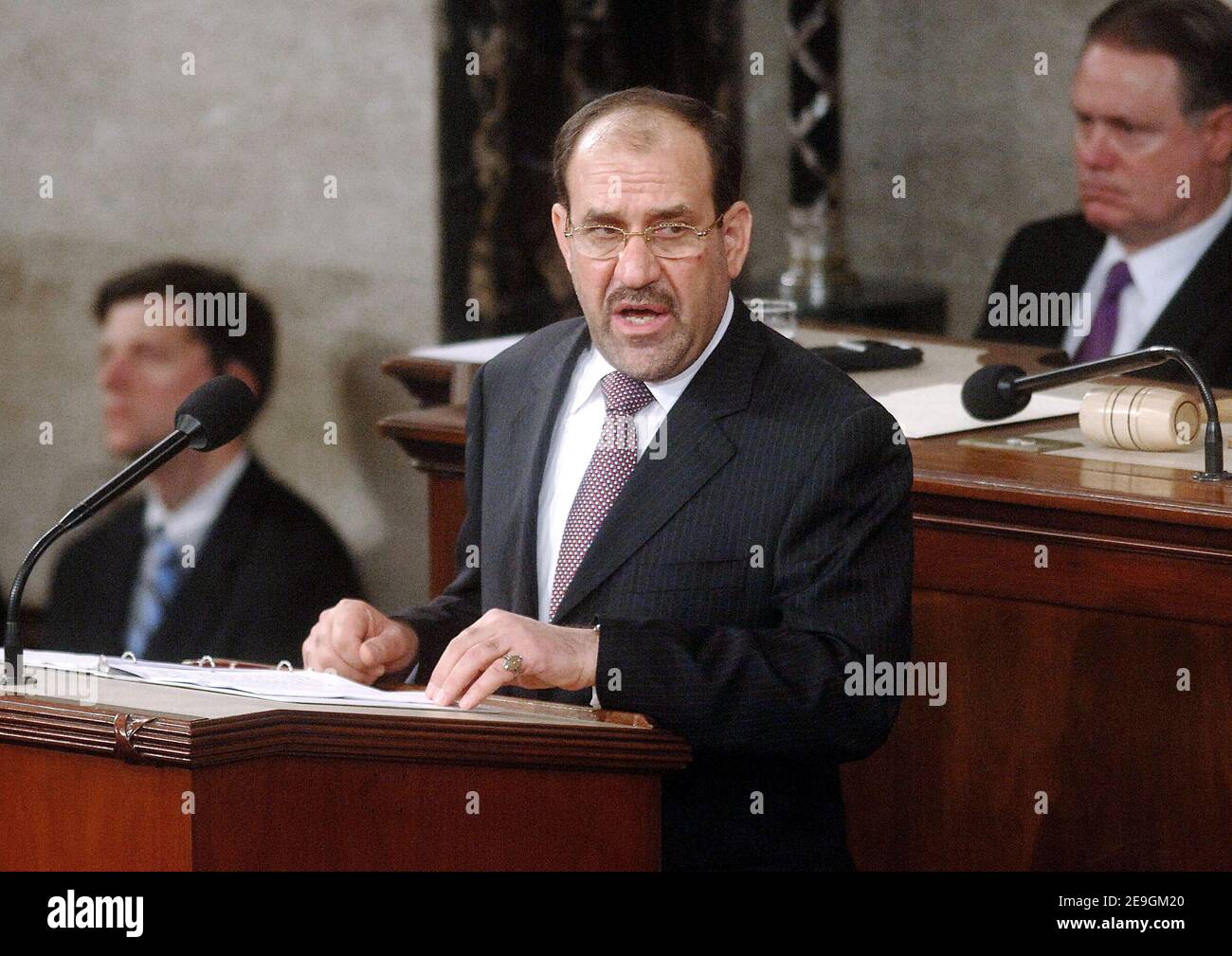Der irakische Premierminister Nuri al-Maliki spricht am 26. Juli 2006 bei einer gemeinsamen Sitzung des US-Kongresses in Washington DC, USA. Al-Maliki verbrachte den Morgen Treffen US-Gesetzgeber im US-Kapitol. Foto von Olivier Douliery/ABACAPRESS.COM Stockfoto
