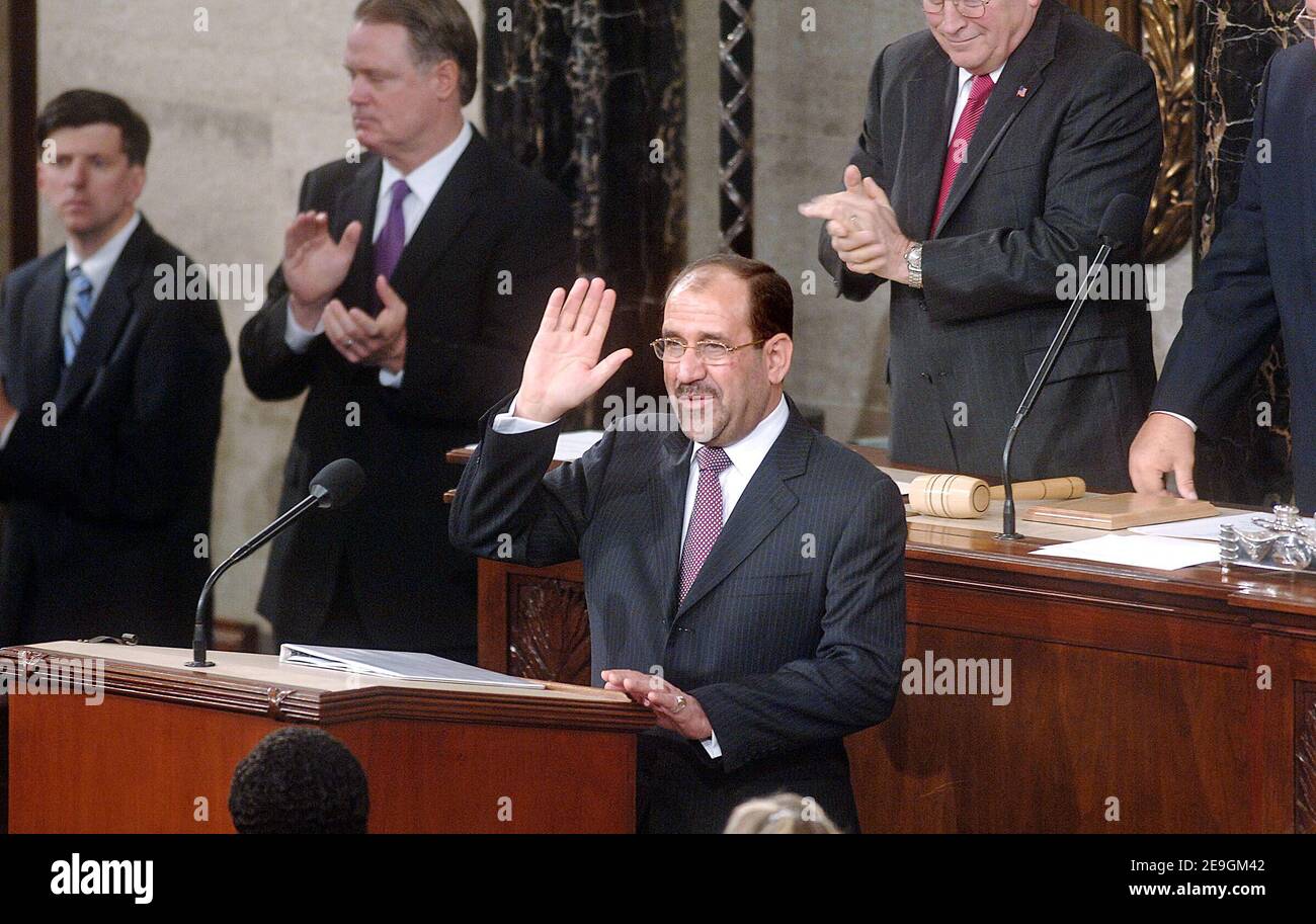 Der irakische Premierminister Nuri al-Maliki spricht am 26. Juli 2006 bei einer gemeinsamen Sitzung des US-Kongresses in Washington DC, USA. Al-Maliki verbrachte den Morgen Treffen US-Gesetzgeber im US-Kapitol. Foto von Olivier Douliery/ABACAPRESS.COM Stockfoto