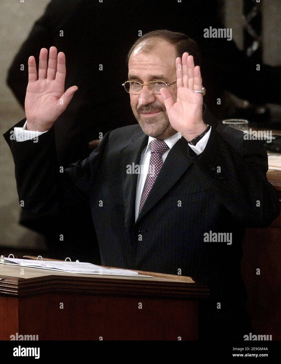 Der irakische Premierminister Nuri al-Maliki spricht am 26. Juli 2006 bei einer gemeinsamen Sitzung des US-Kongresses in Washington DC, USA. Al-Maliki verbrachte den Morgen Treffen US-Gesetzgeber im US-Kapitol. Foto von Olivier Douliery/ABACAPRESS.COM Stockfoto