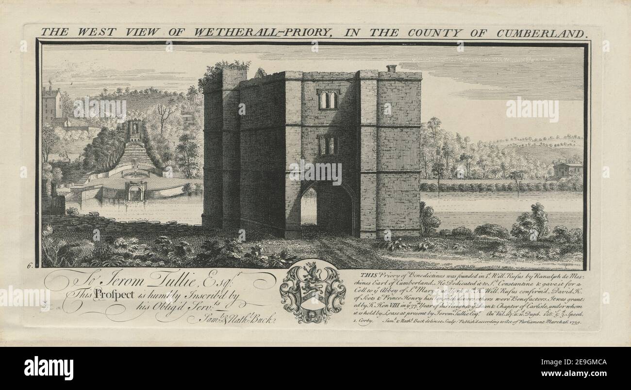 DIE WESTANSICHT VON WETHERALL PRIORY, IN DER GRAFSCHAFT CUMBERLAND. Autor Buck, Samuel 10,72.a. Ort der Veröffentlichung: [London] Verlag: Veröffentlichung gemäß Gesetz des Parlaments Erscheinungsdatum: März 26. 1739. Art des Artikels: 1 Druck Medium: Radierung und Gravur Maße: Plattenmark 19,4 x 37,1 cm, auf Blatt 22,3 x 40,6 cm. Ehemaliger Besitzer: George III., König von Großbritannien, 1738-1820 Stockfoto