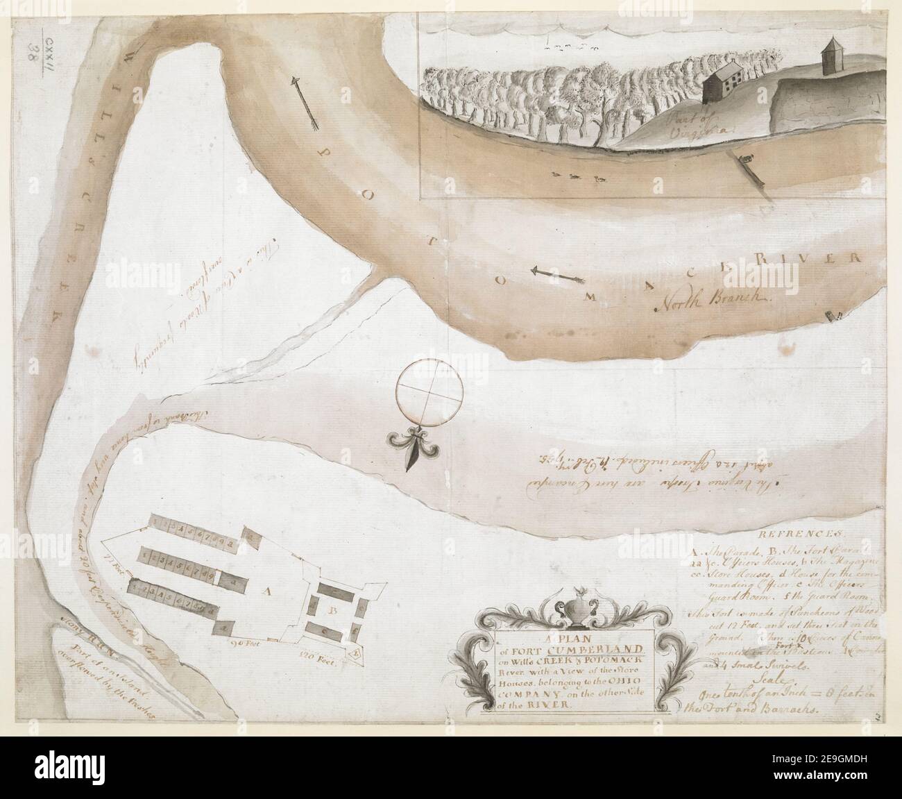 Ein PLAN von FORT CUMBERLAND auf will's CREEK & POTOMACK River mit Blick auf die Store Houses der FIRMA OHIO auf der anderen Seite des Flusses. Karteninformation: Titel: Ein PLAN von FORT CUMBERLAND auf will's CREEK , POTOMACK River mit Blick auf die Store Houses der OHIO-FIRMA auf der anderen Seite des Flusses. 122,38. Ort der Veröffentlichung: [Fort Cumberland?] Verlag: [Produzent nicht identifiziert] Erscheinungsdatum: 12. Februar 1755. Objekttyp: 1 Karte Medium: Handschriftenstift und Tinte mit Aquarell Maße: 31 x 39 cm Altbesitzer: Geo Stockfoto