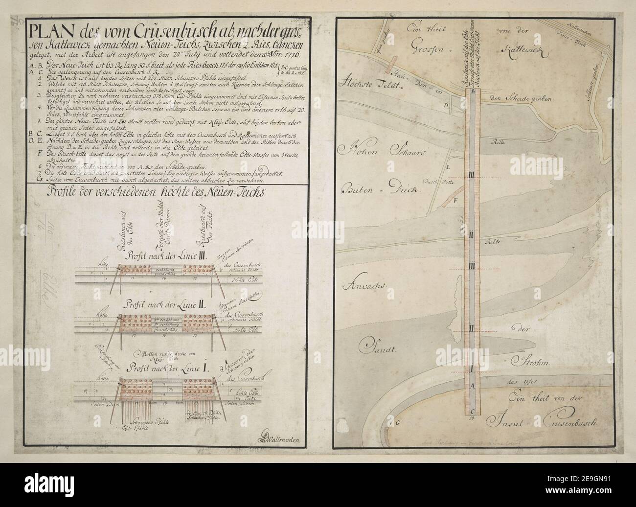 PLAN des Crusenbusch ab, nach der großen Kattewick gemached Neuen Teichs, zwischen 2. Ries bancken gelegen, mit der Arbeit is angefangen den 24 Juli und vollendet den 20 8br 1726. Autor Wallmoden, G. C. 100,16. Erscheinungsort: [Deutschland] Verlag: G. C. V Wallmoden, Erscheinungsdatum: [Ca. 1726.] Objekttyp: 1 Karte Medium: Handschriftenstift und Tinte mit Waschfarbe Maße: Shhet 35 x 49 cm ehemaliger Besitzer: George III, König von Großbritannien, 1738-1820 Stockfoto