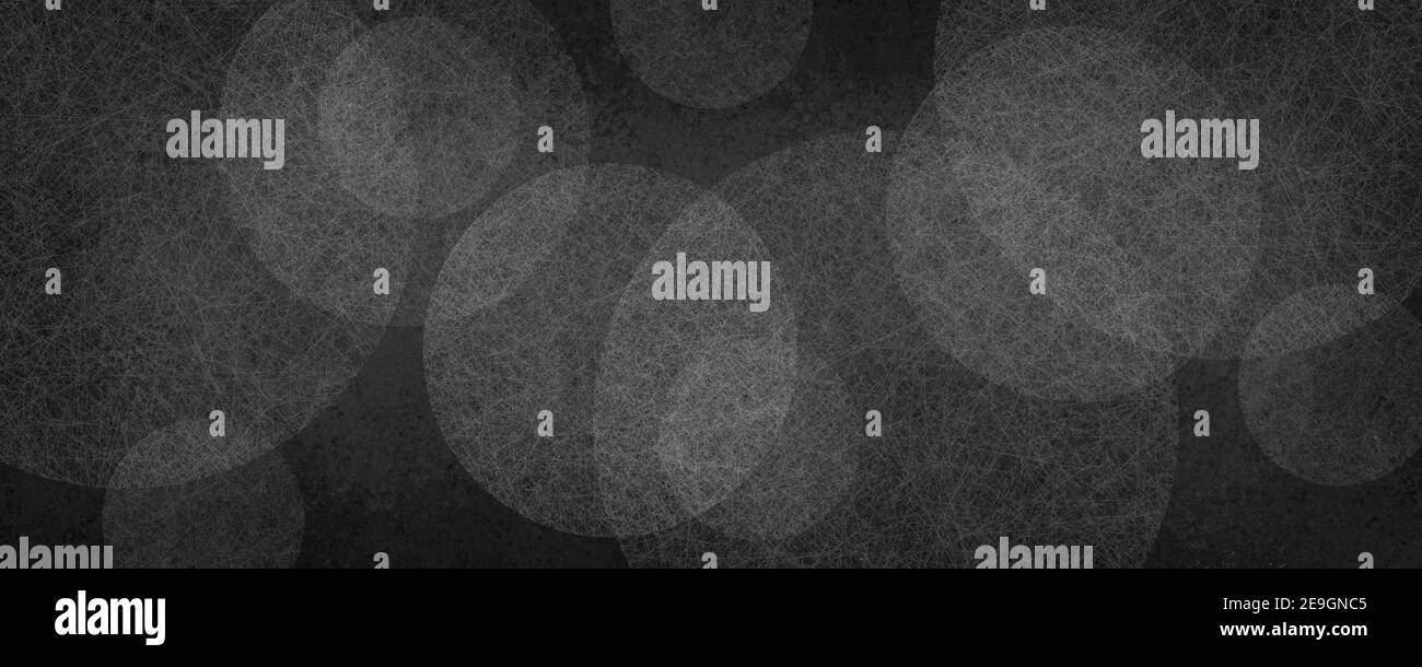 Abstraktes schwarz-weißes Hintergrundmuster, Kreise Formen mit Textur sind in verschwommenem Bokeh Muster geschichtet Stockfoto