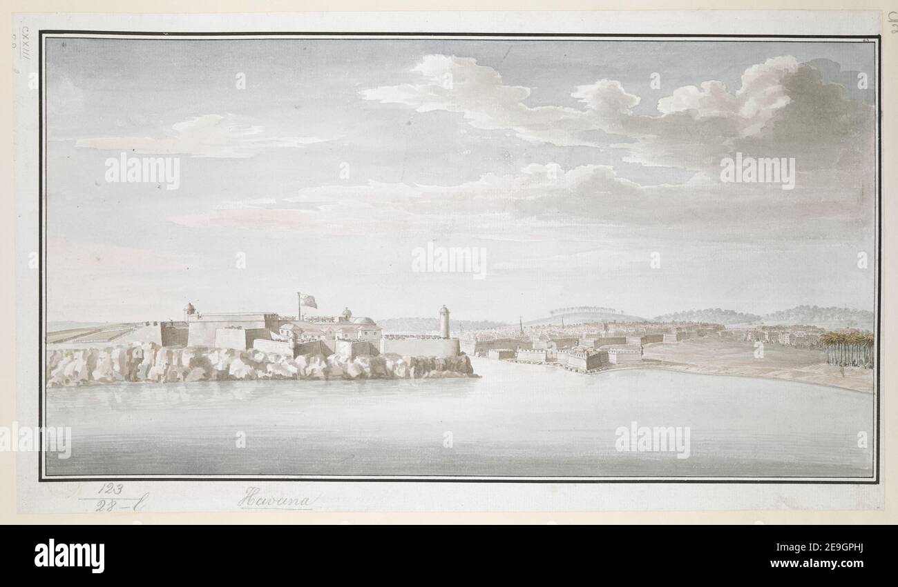 Morro Schloss und Stadt Havanna vom Meer aus . Visual Material information: Title: [Morro Castle and City of Havana from the Sea]. 123,28.l. Erscheinungsdatum: [Zwischen 1762 und 1765] Objekttyp: 1 Zeichnung Medium: Tusche und Aquarell über Graphit Maße: Blatt 25 x 43,4 cm Ex-Besitzer: George III, King of Great Britain, 1738-1820 Stockfoto