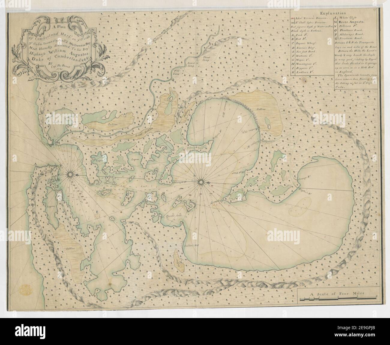 Ein Plan von Cumberland Harbour, auf Ye: So: Seite von Kuba. Autor Durell, Philip 123,30. Erscheinungsort: [Guantanamo] Verlag: Capt: Phi: Durell, Erscheinungsdatum: 1741. Objekttyp: 1 Karte Medium: Tusche und Aquarell Maße: 46 x 58 cm ehemaliger Besitzer: George III., König von Großbritannien, 1738-1820 Stockfoto