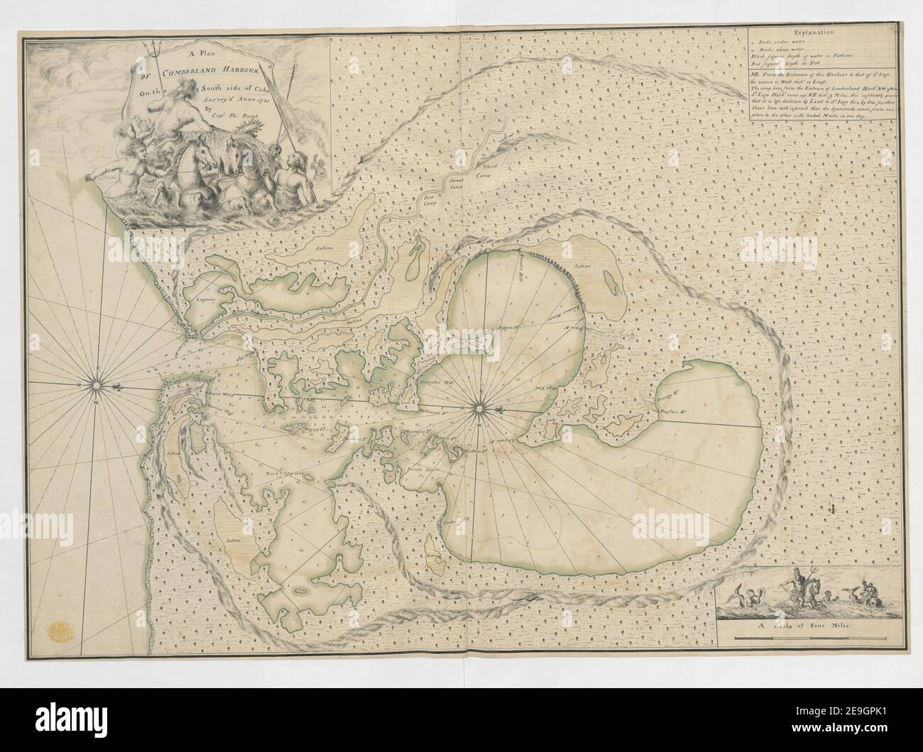 Ein Plan DES HAFENS CUMBERLAND auf der Südseite Kubas Autor Durell, Philip 123,31. Erscheinungsort: [Guantanamo] Verlag: Capt: Phi: Durell, Erscheinungsdatum: 1741. Objekttyp: 1 Karte Medium: Tusche und Aquarell Maße: 52 x 73 cm ehemaliger Besitzer: George III., König von Großbritannien, 1738-1820 Stockfoto