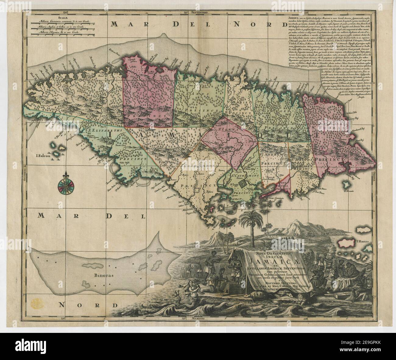 NOVA DESIGNATIO INSUL√Ü JAMAICA EX ANTILLANIS AMERIC√Ü SEPTENTRION AUTOR SEUTTER, MATTHÄUS 123,46. Erscheinungsort: August√¶ Vindel. [Augsburg] Verlag: [Math√¶o Seuttero] Erscheinungsdatum: [Ca. 1730.] Objekttyp: 1 Karte Medium: Handfarbig Maße: 48 x 56 ehemaliger Besitzer: George III, König von Großbritannien, 1738-1820 Stockfoto