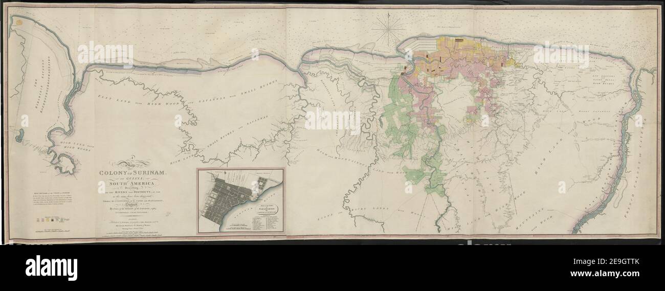 Eine neue Karte der KOLONIE VON SURINAM, IN GUYANA SÜDAMERIKA. Autor Heneman, Johan, Christoph 124,48.48,11tab.end Erscheinungsort: London Verlag: Herausgegeben von W. Faden, Geographer to His Majesty and to His Royal Hoheit the Prince of Wales; Charing-Cross, Erscheinungsdatum: 1. Januar 1810. Objekttyp: 1 Karte handfarbig Maße: 75 x 213 cm ehemaliger Besitzer: George III, König von Großbritannien, 1738-1820 Stockfoto