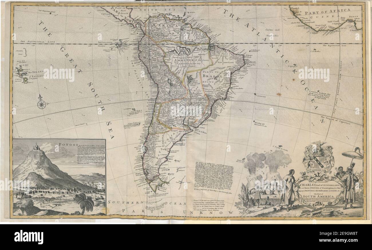 Auf der rechten Seite ehrenhaft, CHARLES Earl of SUNDERLAND, und Baron SPENCER of Wormleighton einer Ihrer Majestät's WICHTIGSTEN SEKRETÄRINNEN des STAATES &c. Diese KARTE von SÜDAMERIKA, nach dem neuesten und genauesten OBS Autor Moll, Herman 124,8. Erscheinungsort: [London] Verlag: Gedruckt für H. Moll über gegen Devereux Court bei Temple Bar. D. Mittswinter an den 3 Kronen in St. Pauls Kirche Hof, und T. Bowles Drucken , Kartenverkäufer neben Kapitelhaus in St. Pauls Kirche Hof. Und von P. Overton Karte, Druckverkäufer in der Nähe von St. Dunstans Kirche Fleet Street., Da Stockfoto