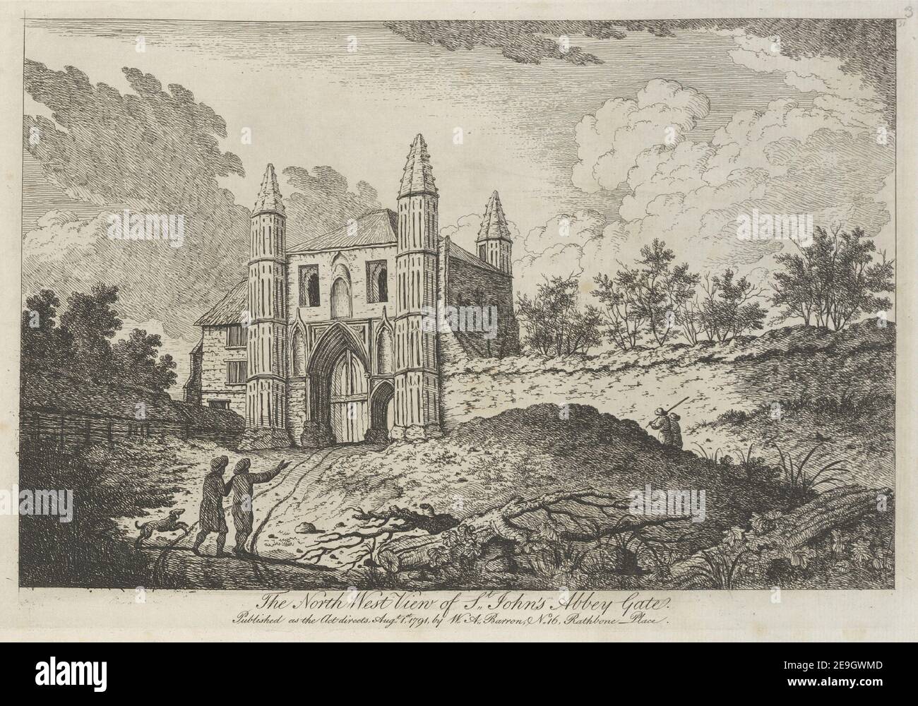 Nordwest Blick auf St. John's Abbey Gate. Visual Material information: Titel: Die nordwestliche Ansicht des St. John's Abbey Gate. 13,14.c,3 Ort der Veröffentlichung: [London] Verlag: Veröffentlicht unter der Regie des Gesetzes, 1. August 1791, von W. A. Barron, Nr. 16. Rathbone Ort, Erscheinungsdatum: [1791] Objekttyp: 1 Druckmedium: Radierung Maße: Platemark 21,0 x 31,3 cm. Ehemaliger Besitzer: George III., König von Großbritannien, 1738-1820 Stockfoto