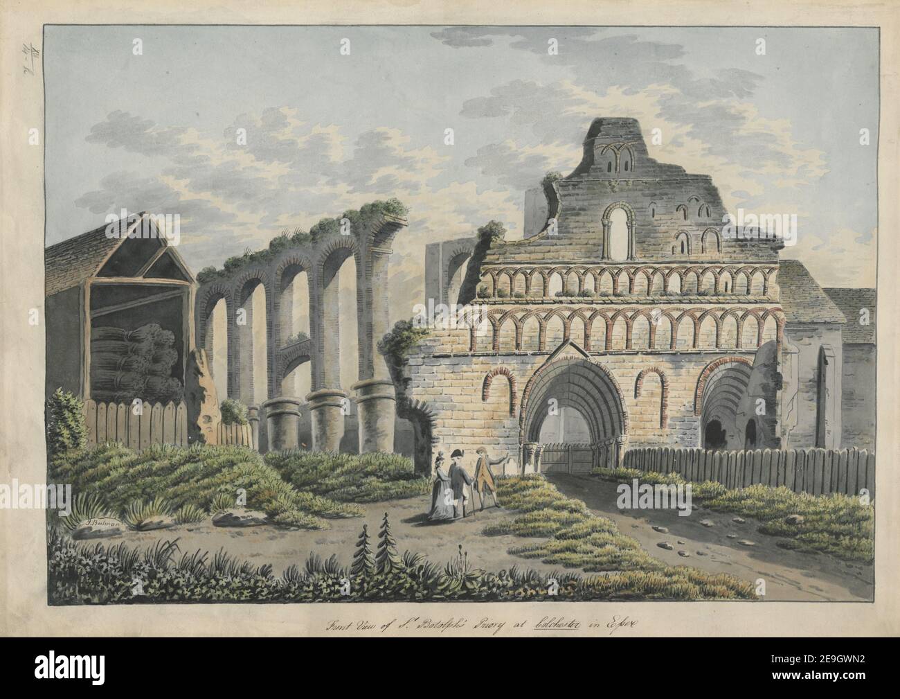 Vorderansicht des St. Boltoph's Priory in Colchester in Essex. Autor Bulman, J. 13,14.h. Erscheinungsdatum: [Ca. 1780-1790] Objekttyp: 1 Zeichnung Medium: Feder und schwarze Tinte mit Aquarell Maße: Blatt 42,6 x 59,2 cm ehemaliger Besitzer: George III, König von Großbritannien, 1738-1820 Stockfoto