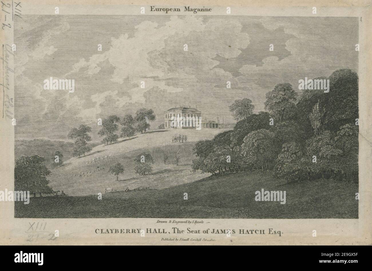 CLAYBERRY HALL, der Sitz von JAMES HATCH Esq. Autor Rawle, S. 13,21.2. Erscheinungsort: [London] Verlag: Herausgegeben von J. Sewell Cornhill 1. Okt., Erscheinungsdatum: 1800. Art des Artikels: 1 Druck Medium: Radierung Maße: [Im Plattenmark getrimmt] 12,4 x 18,5 cm ehemaliger Besitzer: George III., König von Großbritannien, 1738-1820 Stockfoto