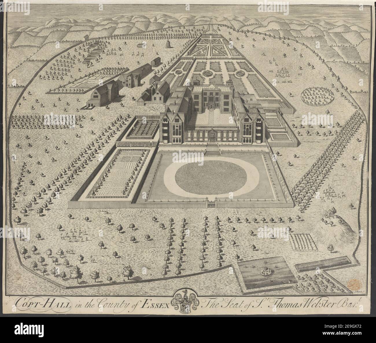 COPT HALLE in der Grafschaft ESSEX der Sitz von Sr. Thomas Webster Bart. Autor Mynde, James 13,21.3. Erscheinungsort: [London] Verlag: [J. Farmer] Erscheinungsdatum: [1735] Objekttyp: 1 Druckmedium: Radierung Maße: Blatt 44,7 x 54,6 cm [getrimmt innerhalb Plattenmark] ehemaliger Besitzer: George III., König von Großbritannien, 1738-1820 Stockfoto