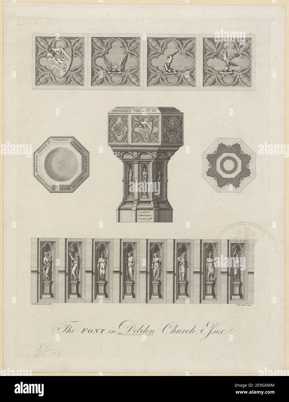 Die SCHRIFT in Debden Church, Essex. Autor Mazell, Peter 13,35.1. Erscheinungsort: [London] Verlag: [E. Coade?] Veröffentlichungsdatum: [1786 c.] Art des Artikels: 1 Druck Medium: Radierung und Gravur Maße: Platemark 36,8 x 27,5 cm ehemaliger Besitzer: George III, König von Großbritannien, 1738-1820 Stockfoto