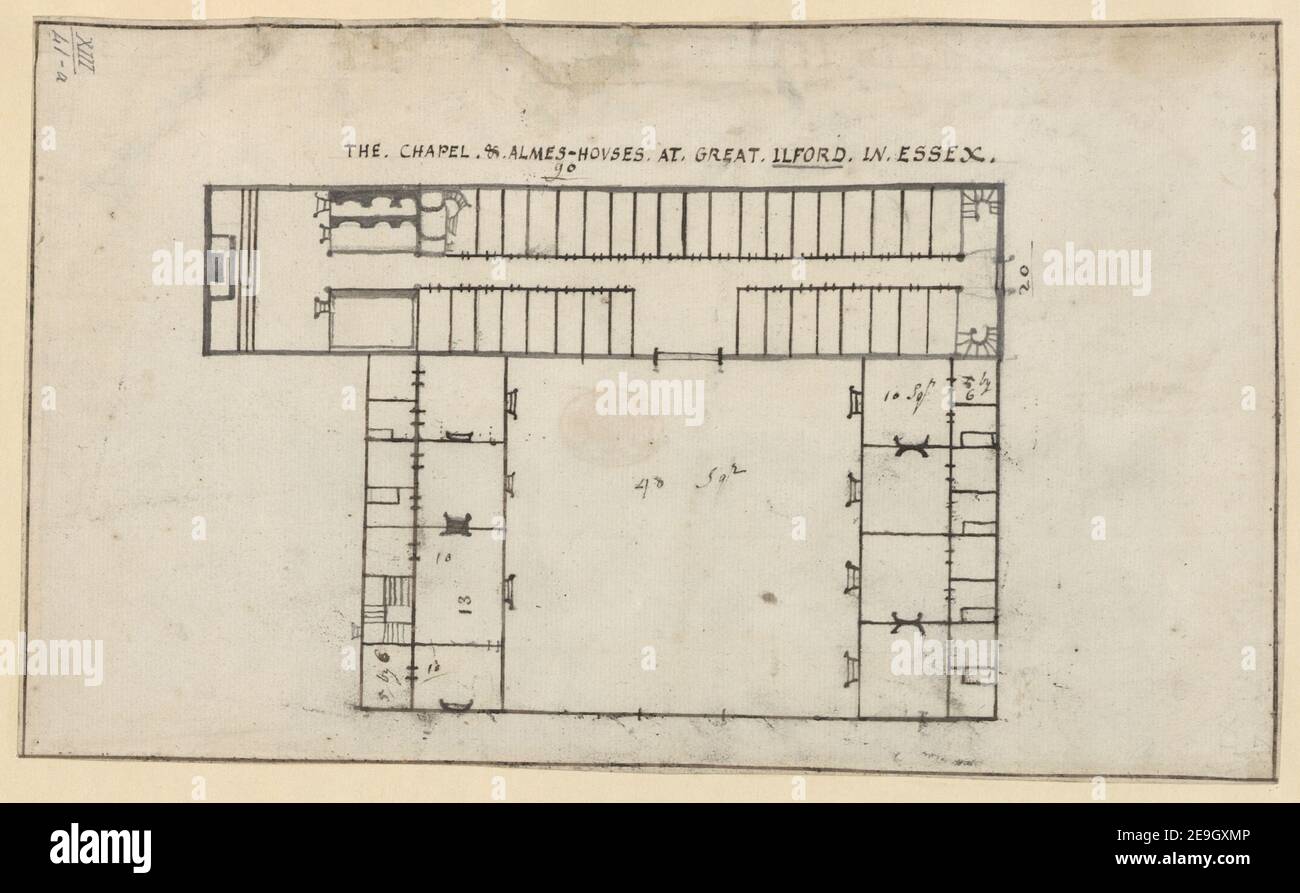 DIE KAPELLE, & ALMES HÄUSER. IN GREAT ILFORD, IN ESSEX. Karteninformationen: Titel: DIE KAPELLE, , ALMES-HÄUSER. IN GREAT ILFORD, IN ESSEX. 13,41.a. Veröffentlichungsdatum: [1680-1760 c.] Objekttyp: 1 Karte Medium: Feder und Tinte Maße: 16,1 x 26,7 cm ehemaliger Besitzer: George III, König von Großbritannien, 1738-1820 Stockfoto