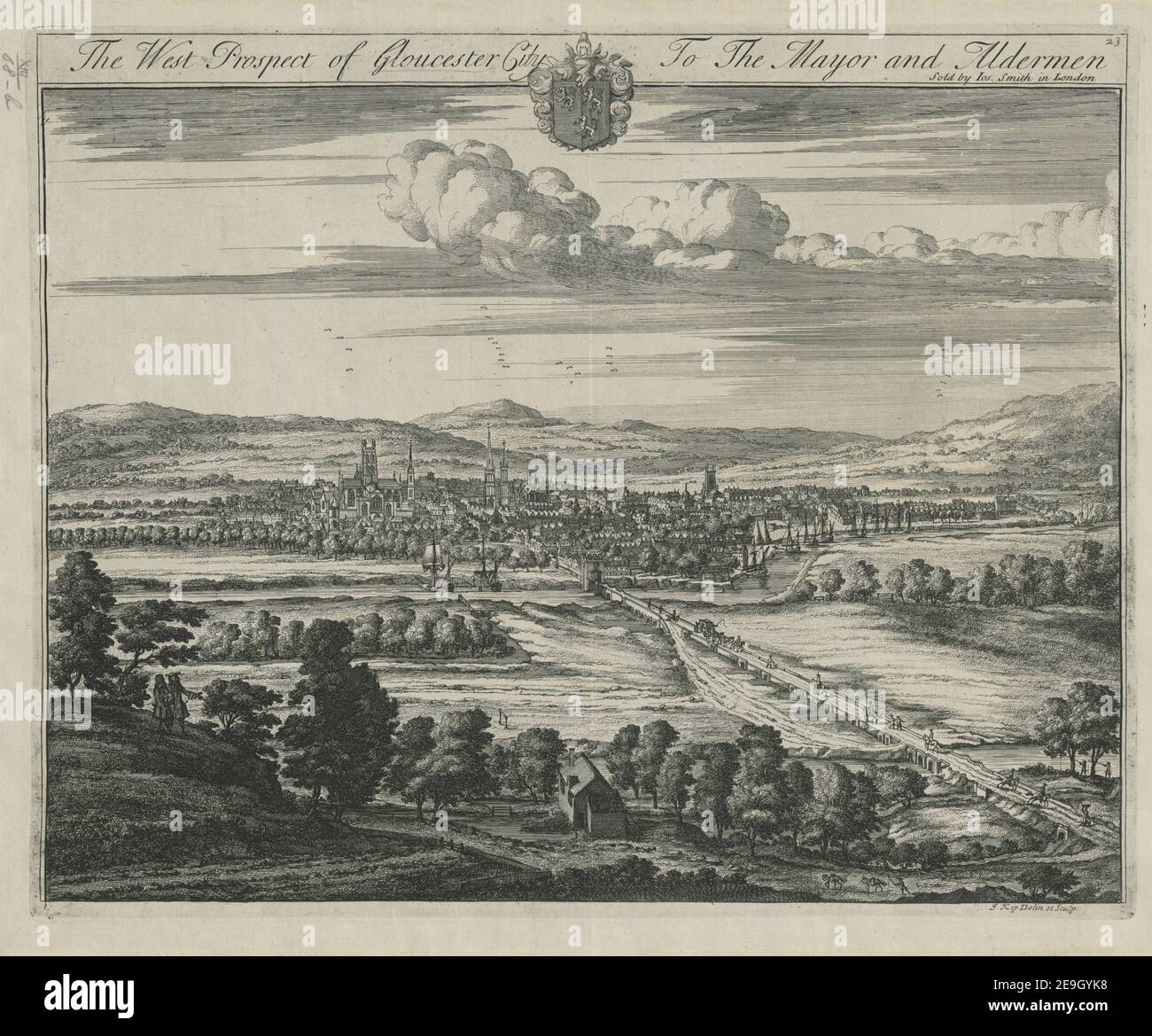 Der Westprospekt von Gloucester City an den Bürgermeister und die Aldermen. Autor Kip, Johannes 13,68.B. Erscheinungsort: [England] Verlag: [David Mortier] Erscheinungsdatum: [1716] Objekttyp: 1 Druckmedium: Radierung Maße: Platemark 35 x 43,2 cm, auf Blatt 38,3 x 47,5 cm Ex-Besitzer: George III, King of Great Britain, 1738-1820 Stockfoto