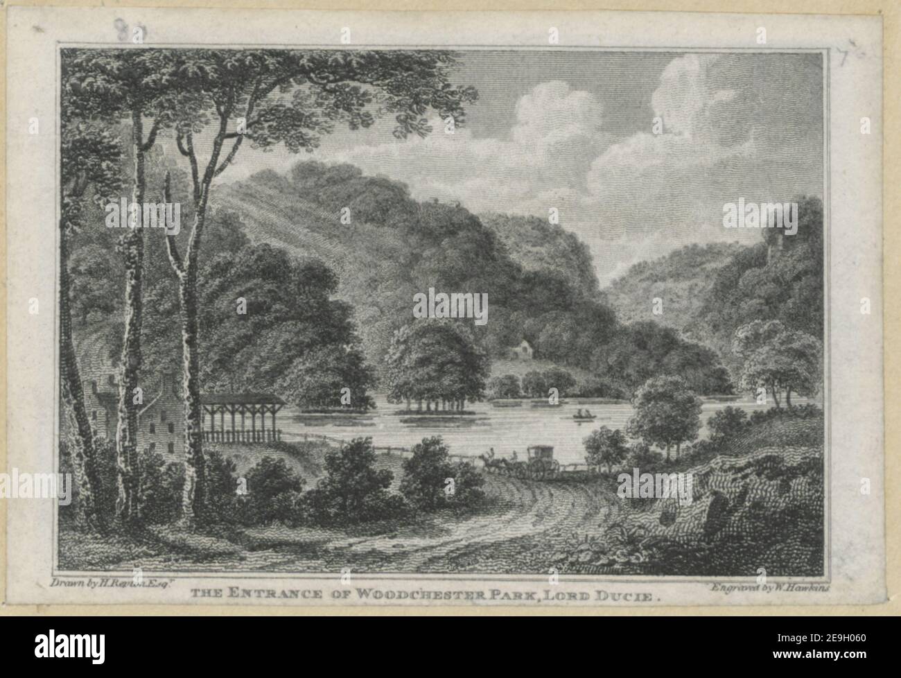 DER EINGANG ZUM WOODCHESTER PARK, LORD DUCIE. Autor Hawkins, W. 13,80. Erscheinungsort: [England] Verlag: [Verlag nicht identifiziert] Erscheinungsdatum: [Ca. 1809] Objekttyp: 1 Print Medium: Radierung Maße: Blatt 7,2 x 10,7 cm Ex-Besitzer: George III, King of Great Britain, 1738-1820 Stockfoto