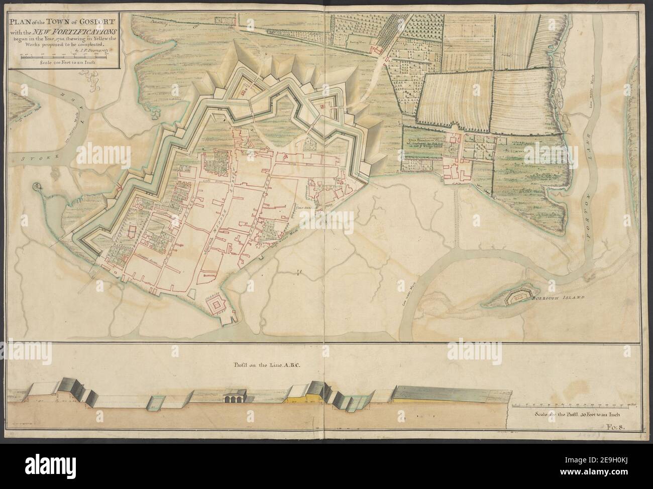 Plan der Stadt Gosport Autor Desmaretz, J. P. 14,22. Erscheinungsort: [Portsmouth] Verlag: [Desmaretz]., Erscheinungsdatum: [1748 c.] Objekttyp: 1 Karte Medium: Stift und Tinte mit Handkolorierung Maße: 48,8 x 74,4 cm ehemaliger Besitzer: George III, König von Großbritannien, 1738-1820 Stockfoto