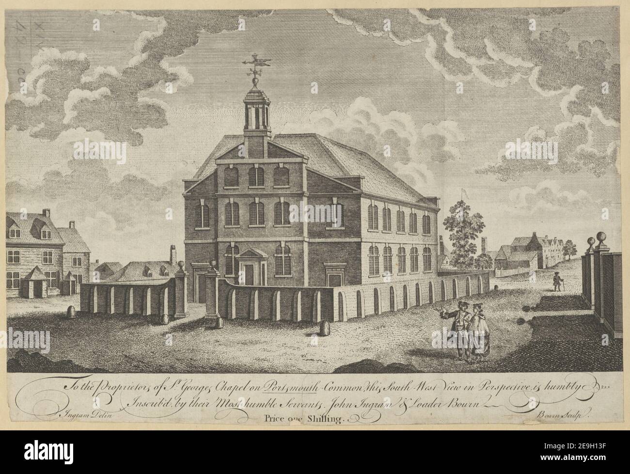 Für die Besitzer der St. Georges Chapel auf Portsmouth Common, Diese South West View in Perspektive, ist demütig Inscrib'd, von ihren bescheidenen Diener. John Ingram & Loader Bowin. Preis ein Schilling. Autor Bourn, Loader 14,42.cc. Erscheinungsort: [London] Verlag: [Unidentified Publisher] Erscheinungsdatum: [1740 c.] Art des Artikels: 1 Druck Medium: Radierung Maße: Blatt 23,2 x 34,9 cm [im Plattenmark beschnitten] ehemaliger Besitzer: George III., König von Großbritannien, 1738-1820 Stockfoto