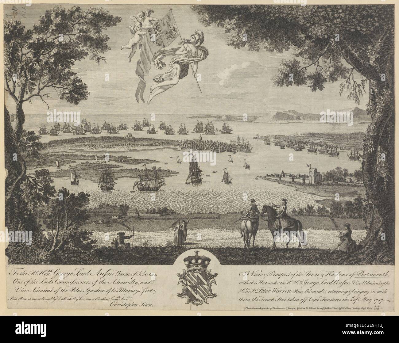 An den R.t Hon.ble George Lord Anson Baron von Soberton, einer der Herren Kommissare der Admiralität, und Vice Admiral der Blauen Staffel seiner Majestys Flotte. Ein Blick & Aussicht auf die Stadt & Hafen von Häfen Autor Scotin, GeÃÅrard Jean Baptiste 14,42.h. Erscheinungsort: [London] Verlag: Publish'd according to Act of Parliament 28 June 1747, , Sold at Mr Seton's ,c. at Ye Golden Head Suffolk Street Chairing Cross, Preis S2,6., Erscheinungsdatum: [1747] Art der Artikel: 1 Print Medium: Radierung und Gravur Maße: Blatt 35,1 x 44,4 cm [trim Stockfoto