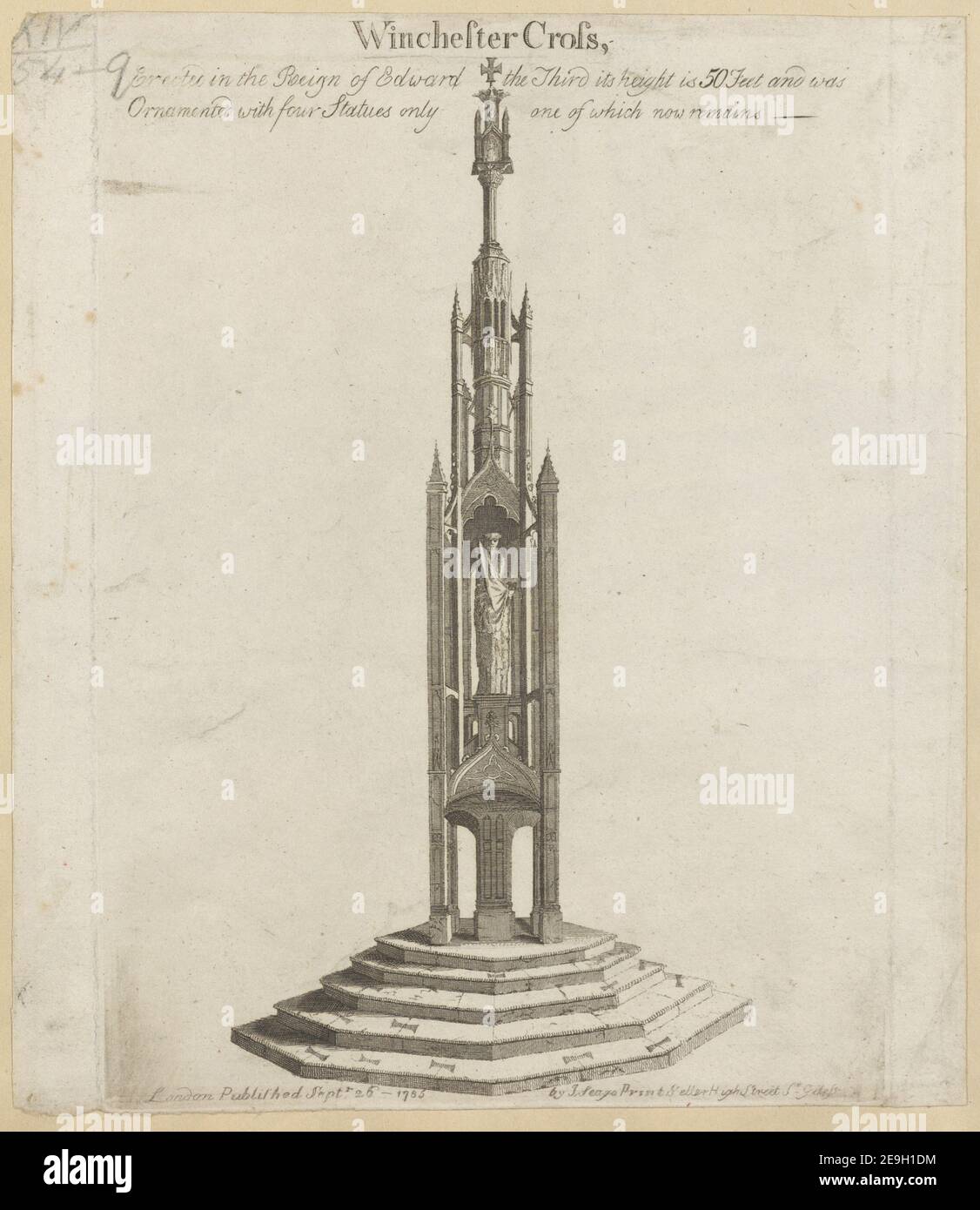 Winchester Cross. Autor Seago, John 14,54.q. Erscheinungsort: London Verlag: Published Sept. 26 - 1785 by I. Seago Print Seller High Street St. Giles., Erscheinungsdatum: [1785] Art des Artikels: 1 Print Medium: Radierung Maße: Platemark 25,8 x 10,7 cm Ex-Besitzer: George III, King of Great Britain, 1738-1820 Stockfoto