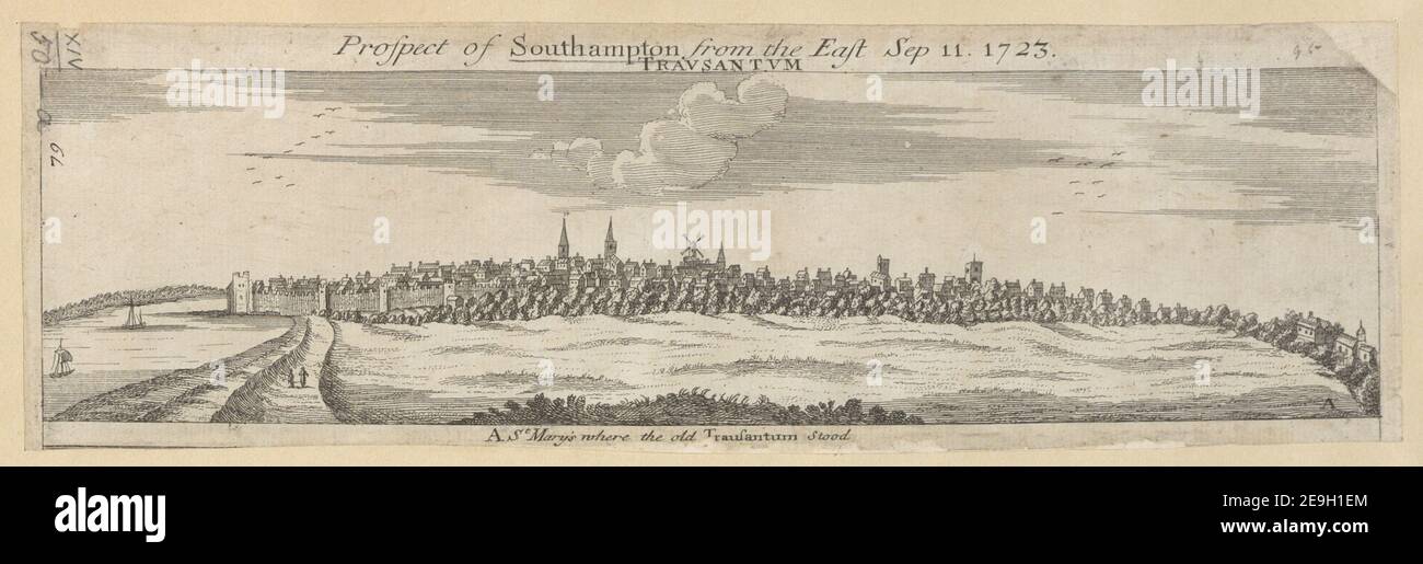 Aussicht auf Southampton, aus dem Osten September 11. 1723. Autor Stukeley, William 14,50.a. Ort der Veröffentlichung: [London] Verlag: [W. Stukeley] Erscheinungsdatum: [1724] Objekttyp: 1 Druckmedium: Radierung Maße: Blatt 8,5 x 27,6 cm [getrimmt innerhalb Plattenmark] ehemaliger Besitzer: George III., König von Großbritannien, 1738-1820 Stockfoto