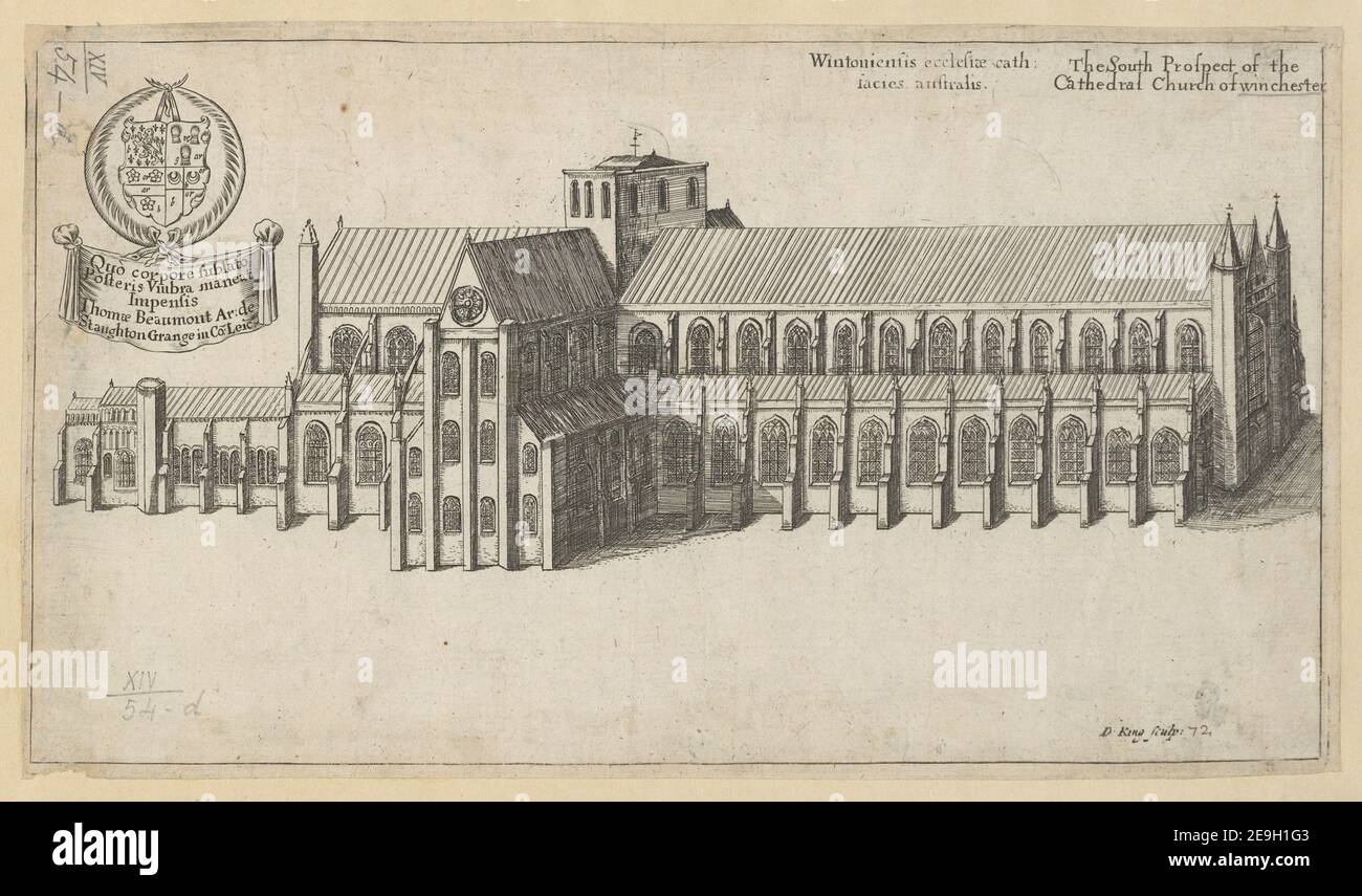 Wintoniensis ecclesi√¶ Cath: Facies australis = der Südprospekt der Domkirche von Winchester. Autor King, Daniel 14,54.d. Erscheinungsort: [London] Verlag: [John Overton] Erscheinungsdatum: [1656] Objekttyp: 1 Druckmedium: Radierung Maße: Blatt 17,4 x 30,5 cm [getrimmt in Platemark] ehemaliger Besitzer: George III., King of Great Britain, 1738-1820 Stockfoto