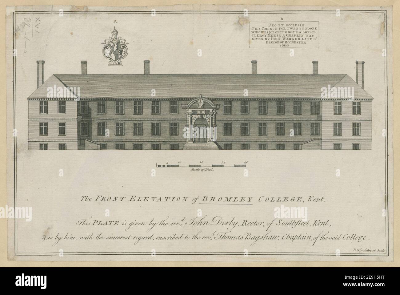 Die VORDERE ERHEBUNG des BROMLEY COLLEGE, Kent. Autor Bayly, J. 16,32.1.a. Ort der Veröffentlichung: [Canterbury] Verlag: [E. Hasted] Erscheinungsdatum: [1778-1799] Objekttyp: 1 Druckmedium: Radierung und Gravur Maße: Blatt 19,4 x 25,3 cm [getrimmt in Plattenmark] ehemaliger Besitzer: George III., König von Großbritannien, 1738-1820 Stockfoto