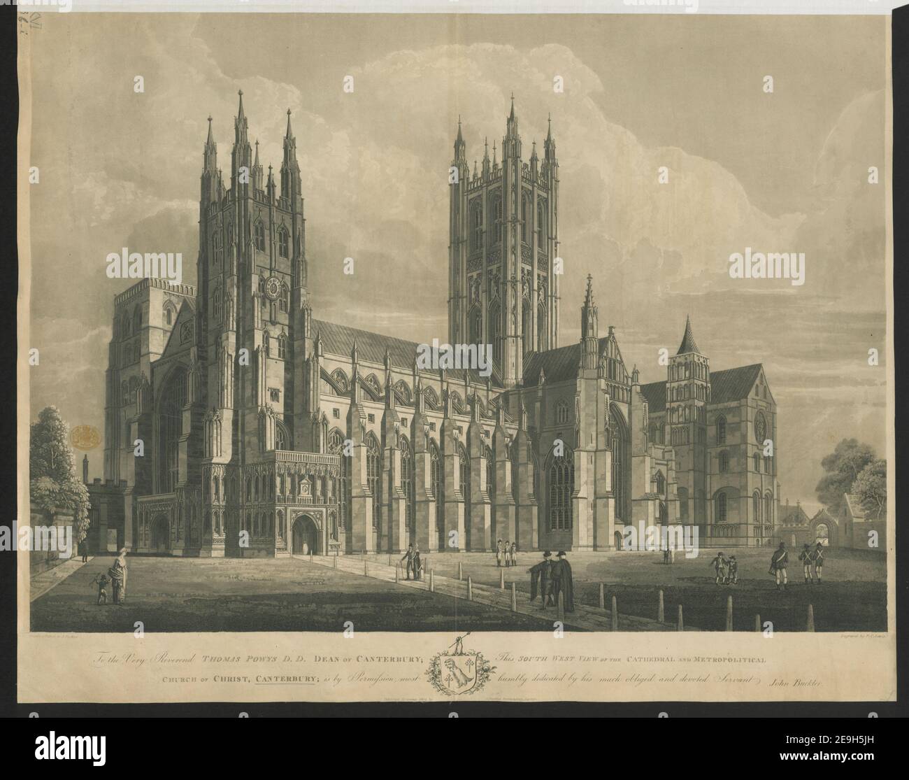 An Reverend THOMAS POWYS D.D. DEAN VON CANTERBURY, DIESE SÜDWESTANSICHT DER KATHEDRALE UND METROPOLITICAL KIRCHE CHRISTI, CANTERBURY AUTOR BUCKLER, JOHN 16,36.I. Erscheinungsort: [London] Verlag: Erschienen im November 1804, von J. Buckler, Bermondsey, Surrey., Erscheinungsdatum: [1804] Objekttyp: 1 Print Medium: Radierung und Aquatinta Maße: Blatt 48,2 x 60,5 cm [getrimmt innerhalb Platemark]. Ehemaliger Besitzer: George III., König von Großbritannien, 1738-1820 Stockfoto