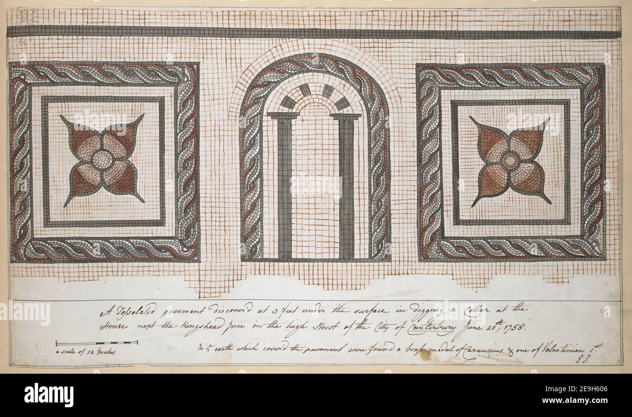 Ein tessellated Pflaster bei drei Fuß unter der Oberfläche entdeckt beim Graben eines Kellers am Haus neben dem King's Head Inn, in der Hauptstraße der Stadt Canterbury, 20. Juni 1758 in der Erde, die t bedeckt Autor E. J. 16,38.t. Erscheinungsdatum: [Nach 1758] Objekttyp: 1 Zeichnung Medium: Stift mit schwarzer und brauner Tinte und Aquarell Maße: Blatt 27,7 x 47,6 cm Ex-Besitzer: George III, King of Great Britain, 1738-1820 Stockfoto