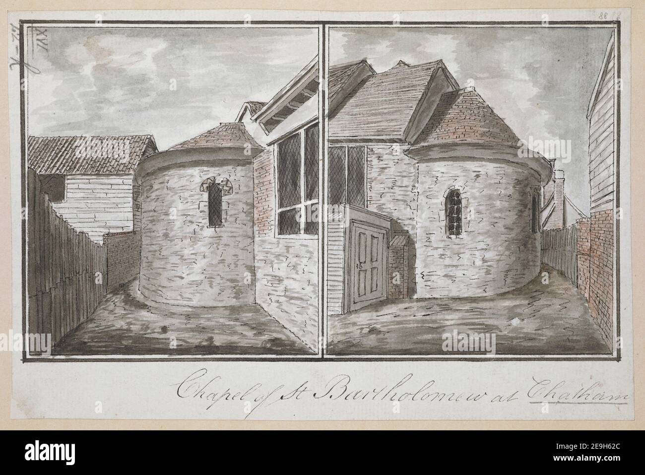 Chapel St. Bartholomew in Chatham. Visual Material Informationen: Titel: Kapelle St. Bartholomäus in Chatham. 16,42.k. Erscheinungsdatum: [Ca. 1770-1790] Objekttyp: 1 Zeichnung Medium: Feder und schwarze Tinte mit Aquarell Maße: Blatt 13,6 x 20,7 cm ehemaliger Besitzer: George III, König von Großbritannien, 1738-1820 Stockfoto
