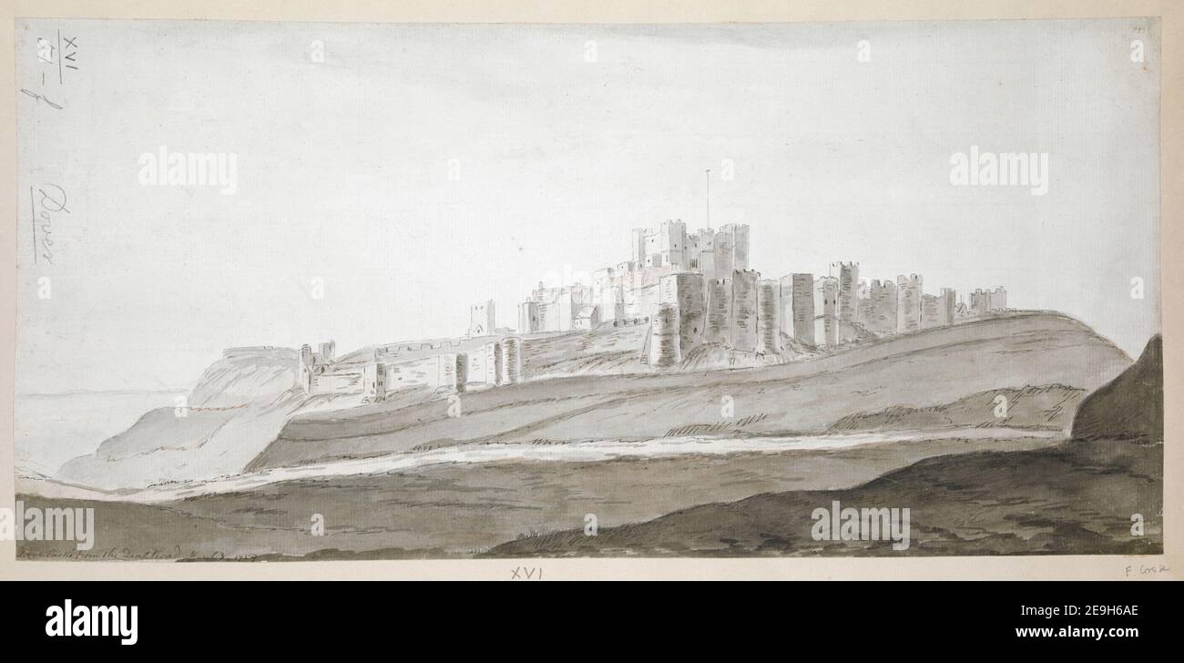 Dover Castle von der Deal Road. Autor Grose, Francis 16,51.f. Datum der Veröffentlichung: März 8 1759. Objekttyp: 1 Zeichnung Medium: Stift und schwarze Tinte mit Aquarell über Bleistift Maße: Blatt 20,3 x 43,6 cm ehemaliger Besitzer: George III, König von Großbritannien, 1738-1820 Stockfoto