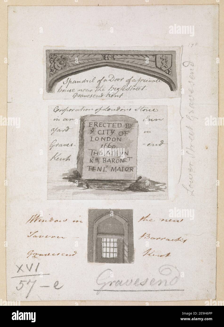 Spandril von einer Tür eines privaten Hauses in der Nähe der High Street, Gravesend, Kent. Visual Material information: Titel: Spandril von einer Tür eines Privathauses in der Nähe der High Street, Gravesend, Kent. 16,57.e. Erscheinungsdatum: [Ca. 1770-1790] Objekttyp: 3 Zeichnungen auf einem Blatt Medium: Feder und schwarze Tinte mit Aquarell Maße: Blatt 2,7 x 7,3 cm; Blatt 4,9 x 6,3 cm; Blatt 2,8 x 2,5 cm; auf Stützblatt 15,6 x 11,1 cm Alteigner: Georg III., König von Großbritannien, 1738-1820 Stockfoto