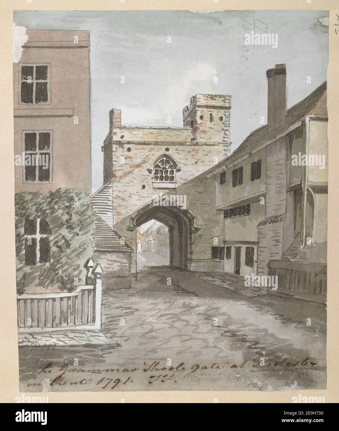 The Grammar School Gate at Rochester in Kent 1791 Autor T. F. 17,10.cc. Datum der Veröffentlichung: 1791. Objekttyp: 1 Zeichnung Medium: Feder und schwarze Tinte mit Aquarell Maße: Blatt 18,1 x 14,7 cm ehemaliger Besitzer: George III, König von Großbritannien, 1738-1820 Stockfoto