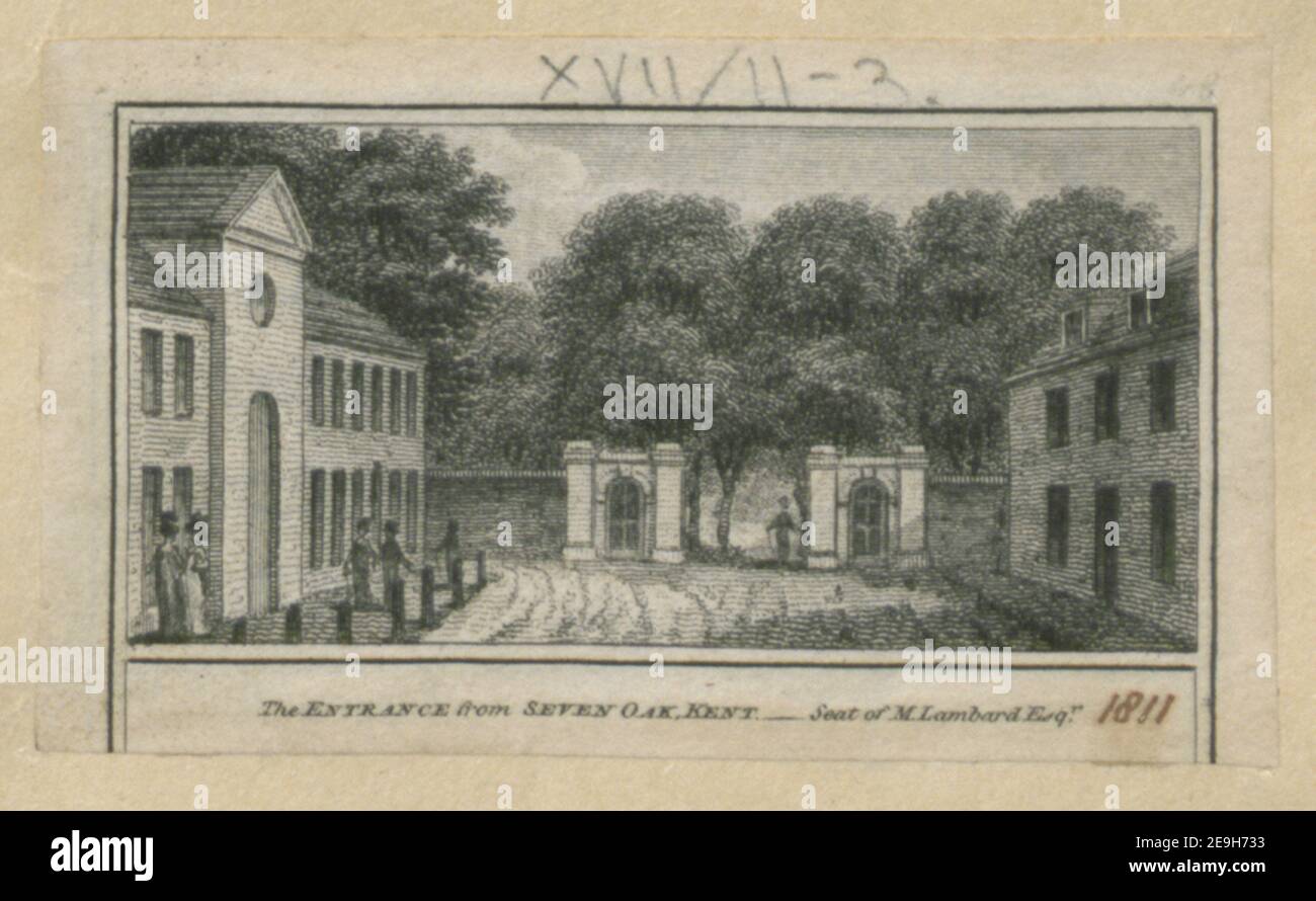 DER EINGANG VON SIEBEN EICHE, KENT. Visual Material information: Titel: DER EINGANG aus SIEBEN EICHEN, KENT. ; 17,11.3. Ort der Veröffentlichung: [London] Verlag: [W. Peacock]., Erscheinungsdatum: [1811] Objekttyp: 1 Druckmedium: Radierung Maße: Platemark 4,0 x 6,8 cm ehemaliger Besitzer: George III., König von Großbritannien, 1738-1820 Stockfoto