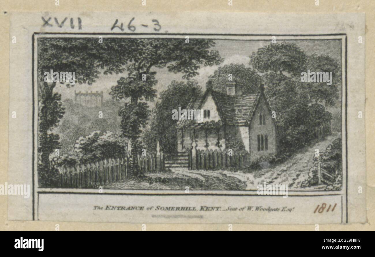 The ENTRANCE of SOMERHILL, KENT Visual Material information: Title: The ENTRANCE of SOMERHILL, KENT ; 17,46.3. Ort der Veröffentlichung: [London] Verlag: [W. Peacock]., Erscheinungsdatum: [1811] Objekttyp: 1 Druckmedium: Radierung Maße: Blatt 4,0 x 7,0 cm [getrimmt innerhalb Plattenmark]. Ehemaliger Besitzer: George III., König von Großbritannien, 1738-1820 Stockfoto