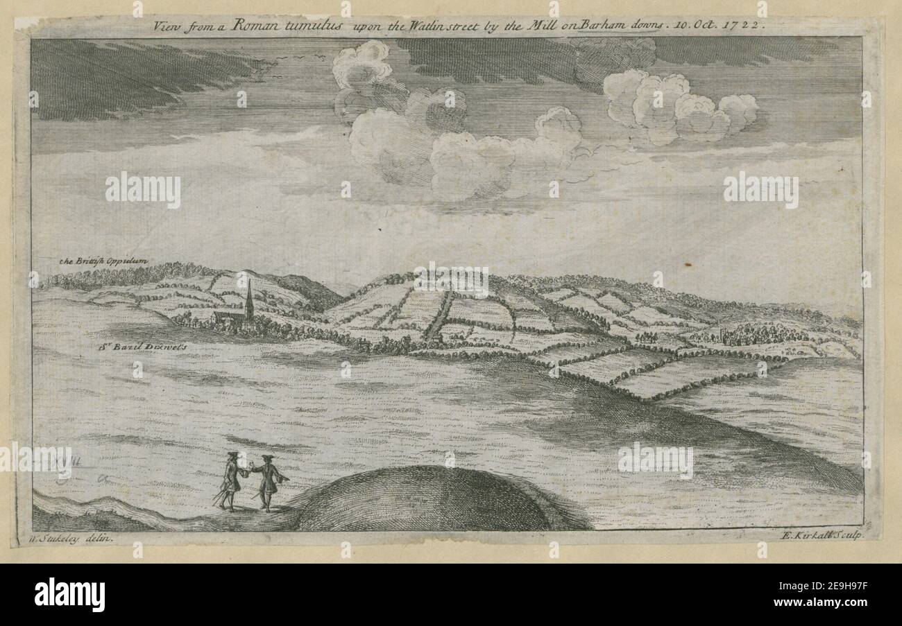 Blick von einem römischen Tumulus auf die Watlin Street bei der Mühle auf Barham Downs. 10. Okt. 1722. Autor Kirkall, Elisha 18,3.a. Ort der Veröffentlichung: [London] Verlag: [W. Stukeley] Erscheinungsdatum: [1724] Objekttyp: 1 Druckmedium: Radierung Maße: Platemark 16,6 x 27,7 cm ehemaliger Besitzer: George III., König von Großbritannien, 1738-1820 Stockfoto
