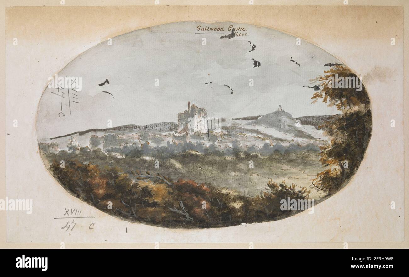 Saltwood Castle Kent. Visual Material information: Titel: Saltwood Castle Kent. 18,47.c. Erscheinungsdatum: [Ca. 1770-1790] Objekttyp: 1 Zeichnung Medium: Feder und schwarze Tinte mit Aquarell Maße: Blatt 14,2 x 22,9 cm (oval), auf Stützblatt 16,3 x 27,3 cm ehemaliger Besitzer: George III., König von Großbritannien, 1738-1820 Stockfoto