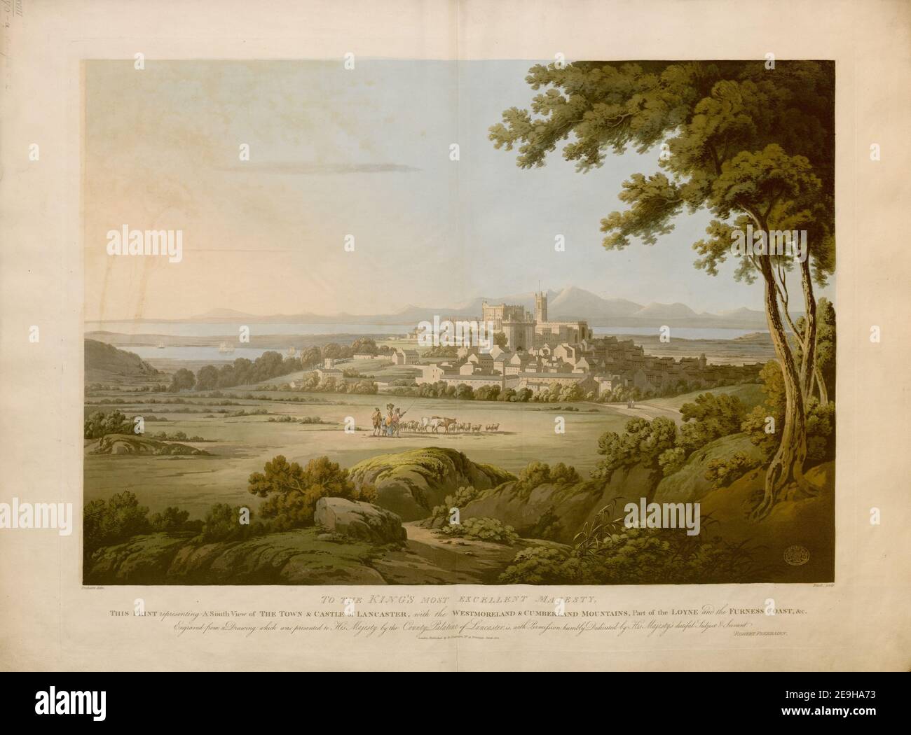 ZUR BESTEN MAJESTÄT DES KÖNIGS, DIESER DRUCK, der eine Südansicht der STADT und DES SCHLOSSES von LANCASTER darstellt, mit den WESTMORELAND und CUMBERLAND BERGEN, Teil des LOYNE und der FURNESS KÜSTE, u. s.. Autor Bluck, John 18,70.a,1. Erscheinungsort: London Verlag: Verlag R. Freebairn, Nr. 41 Newman Street, Erscheinungsdatum: 1802. Art des Artikels: 1 Druckmedium: Aquatinta und Radierung mit Handkolorierung Maße: Platemark 52,7 x 68,6 cm, auf Blatt 58,8 x 80 cm ehemaliger Besitzer: George III., König von Großbritannien, 1738-1820 Stockfoto