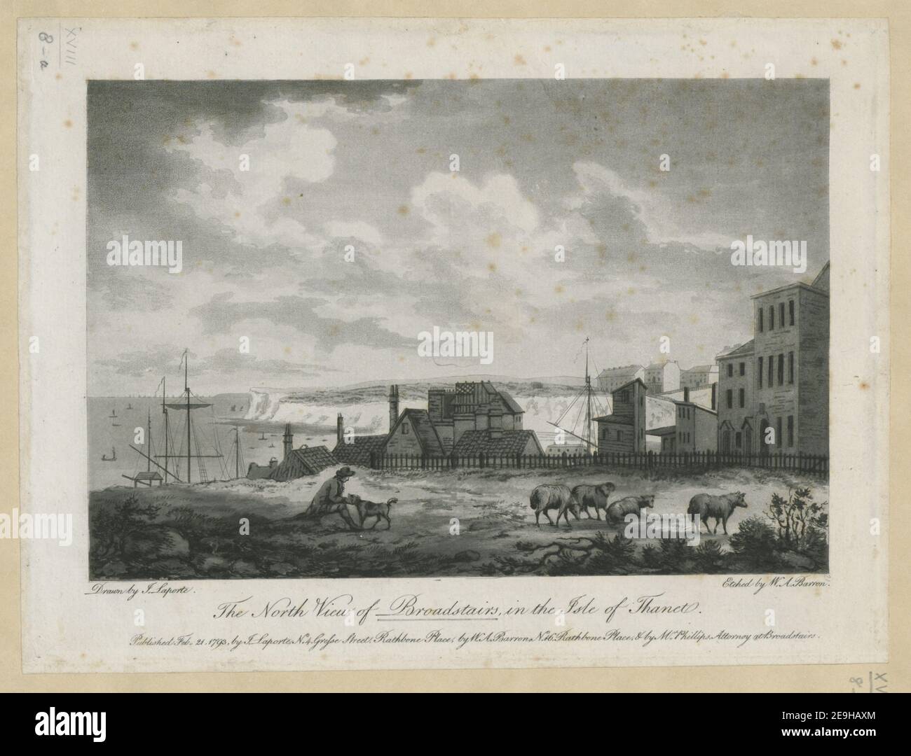 Die Nordansicht von Broadstairs, auf der Insel Thanet. Autor Barron, William Augustus 18,8.a. Erscheinungsort: [London] Verlag: Erschienen im Februar 21. 1793, von J. Laporte, Nr. 4 Gresse Street, Rathbone Place, von W. A. Barron Nr. 16 Rathbone Place, , von Mr. Phillips, Attorney at Broadstairs., Veröffentlichungsdatum: [1793] Artikeltyp: 1 Print Medium: Radierung und Aquatinta Maße: Blatt 21,5 x 28,0 cm [getrimmt innerhalb Plattenmark] Alter Besitzer: Georg III., König von Großbritannien, 1738-1820 Stockfoto