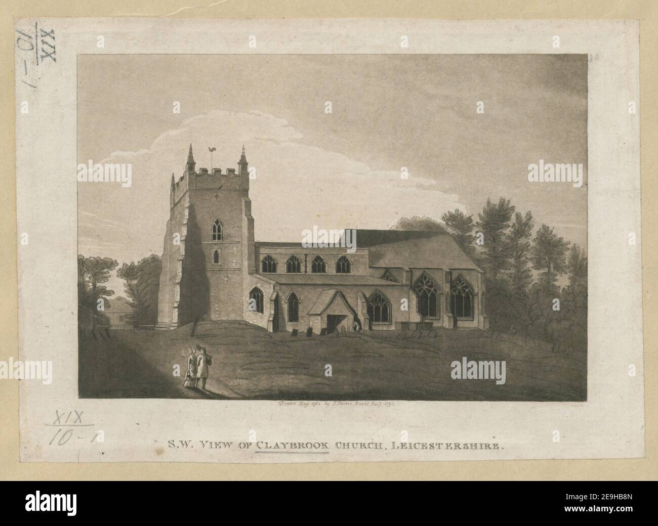 SW. Blick auf Claybrook Church, Leicestershire. Autor Parker, James 19,10.1. Erscheinungsort: [London] Verlag: [J. Nichols]., Erscheinungsdatum: [1791 c.] Art des Artikels: 1 Druck Medium: Radierung und Aquatinta Maße: Blatt 13,4 x 18,9 cm [im Plattenmark beschnitten] ehemaliger Besitzer: George III., König von Großbritannien, 1738-1820 Stockfoto