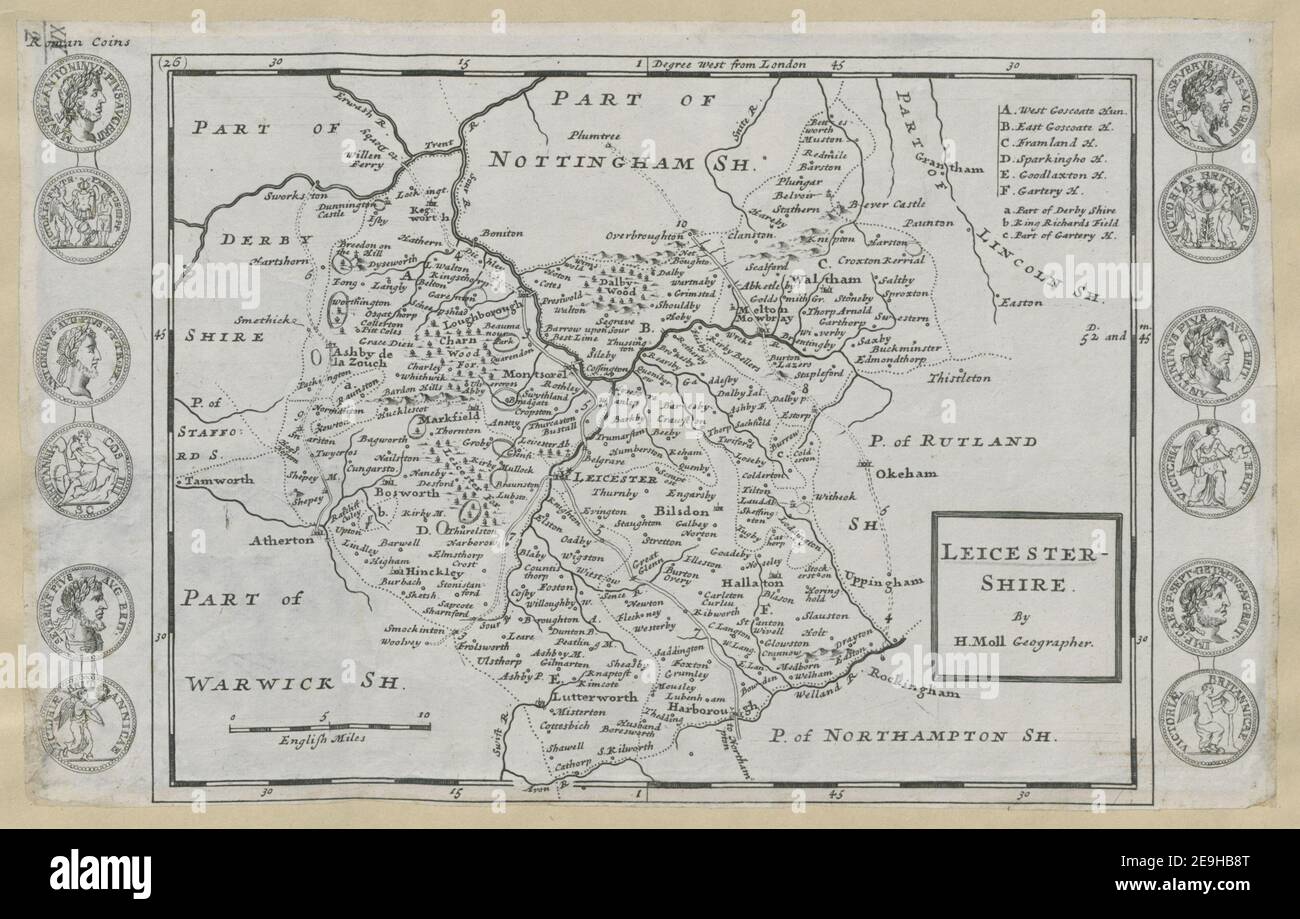 LEICESTER SHIRE. Autor Moll, Herman 19.(2.) Erscheinungsort: [London] Verlag: [Herman Moll] Erscheinungsdatum: [1724 oder danach] Objekttyp: 1 Karte Medium: Kupferstich Maße: 17,9 x 24,4 cm Ex-Besitzer: George III, King of Great Britain, 1738-1820 Stockfoto